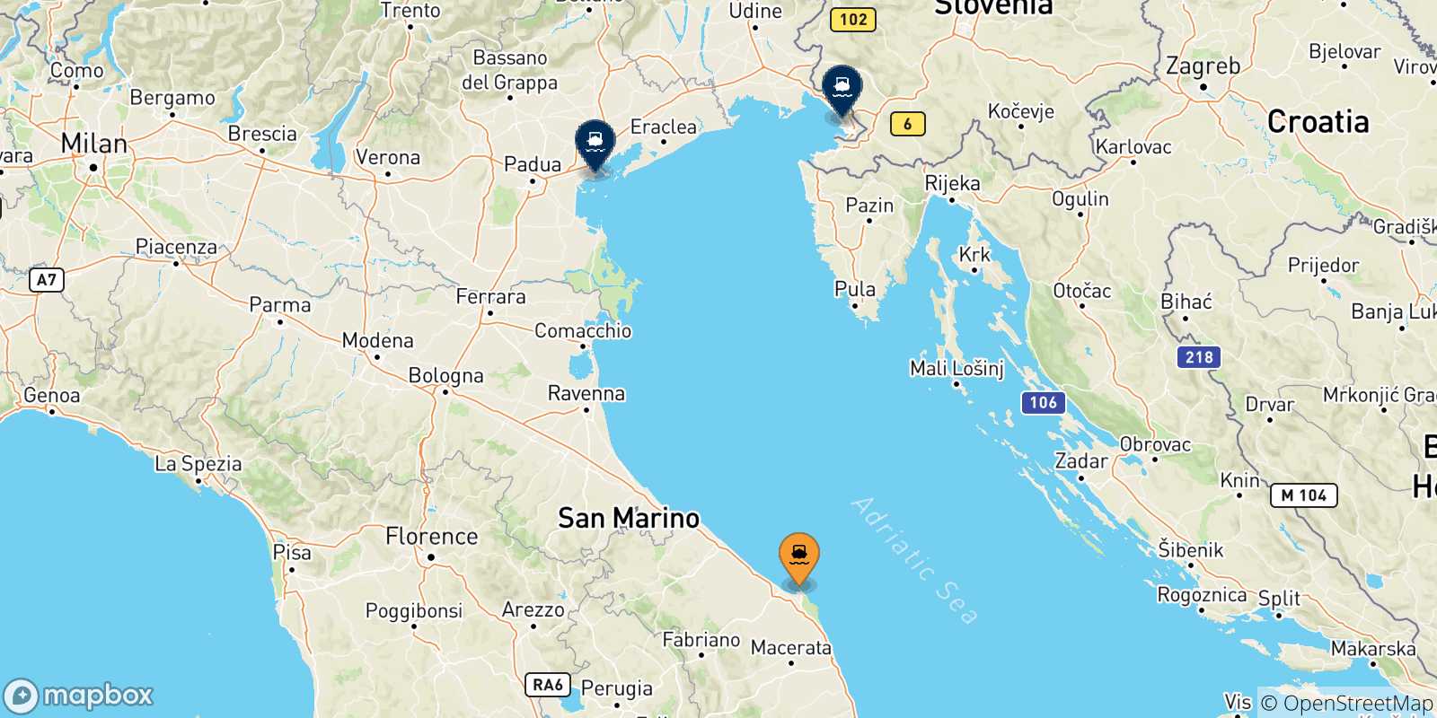 Carte des traversées possibles entre Ancône et l'Italie