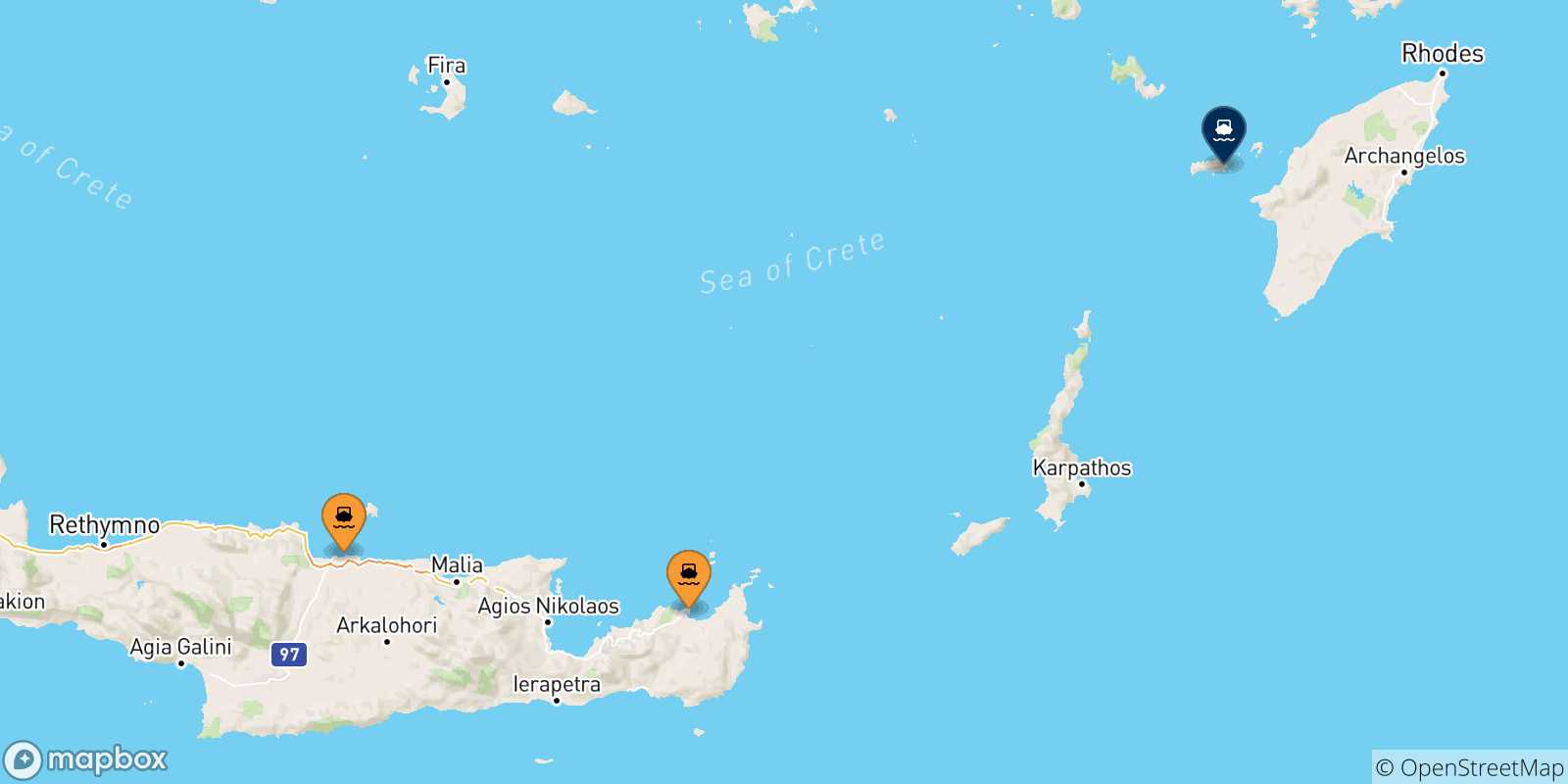 Carte des traversées possibles entre la Crète et Chalki