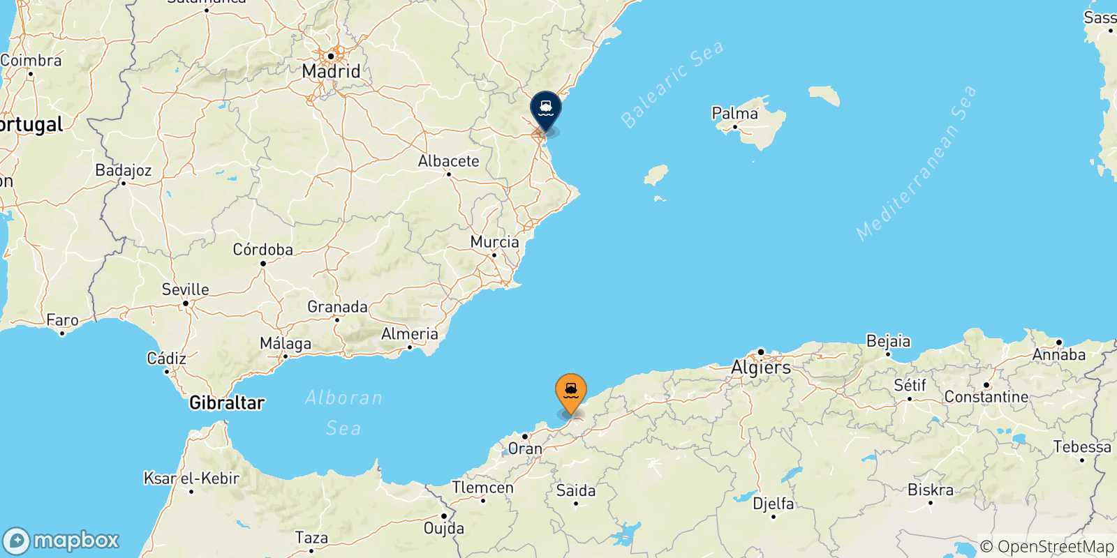 Carte des traversées possibles entre Algérie et Valence