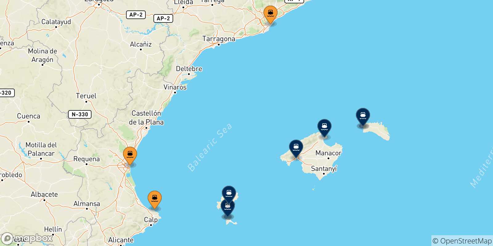 Carte des traversées possibles entre l'Espagne et les Îles Baléares