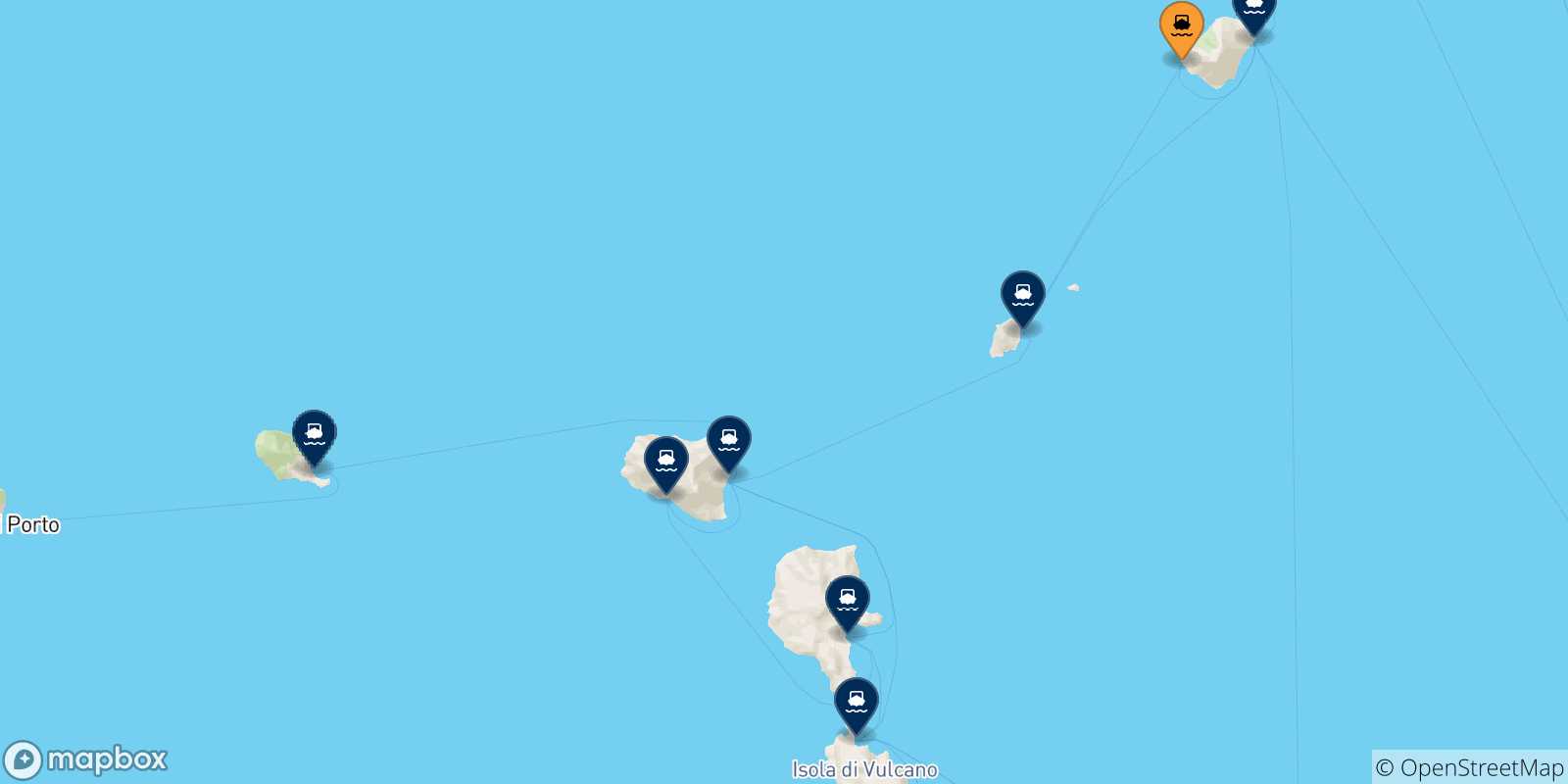 Carte des traversées possibles entre Ginostra (Stromboli) et les Îles Éoliennes