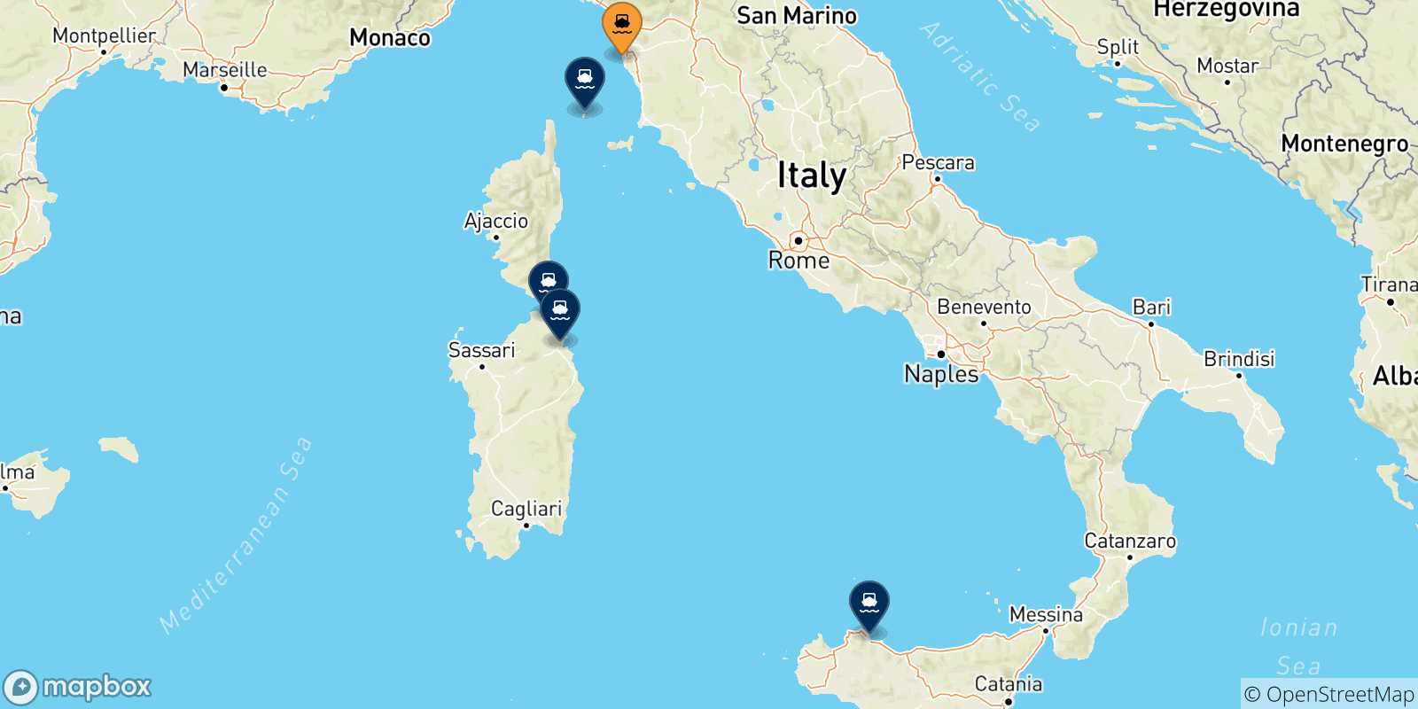Carte des traversées possibles entre Livourne et l'Italie