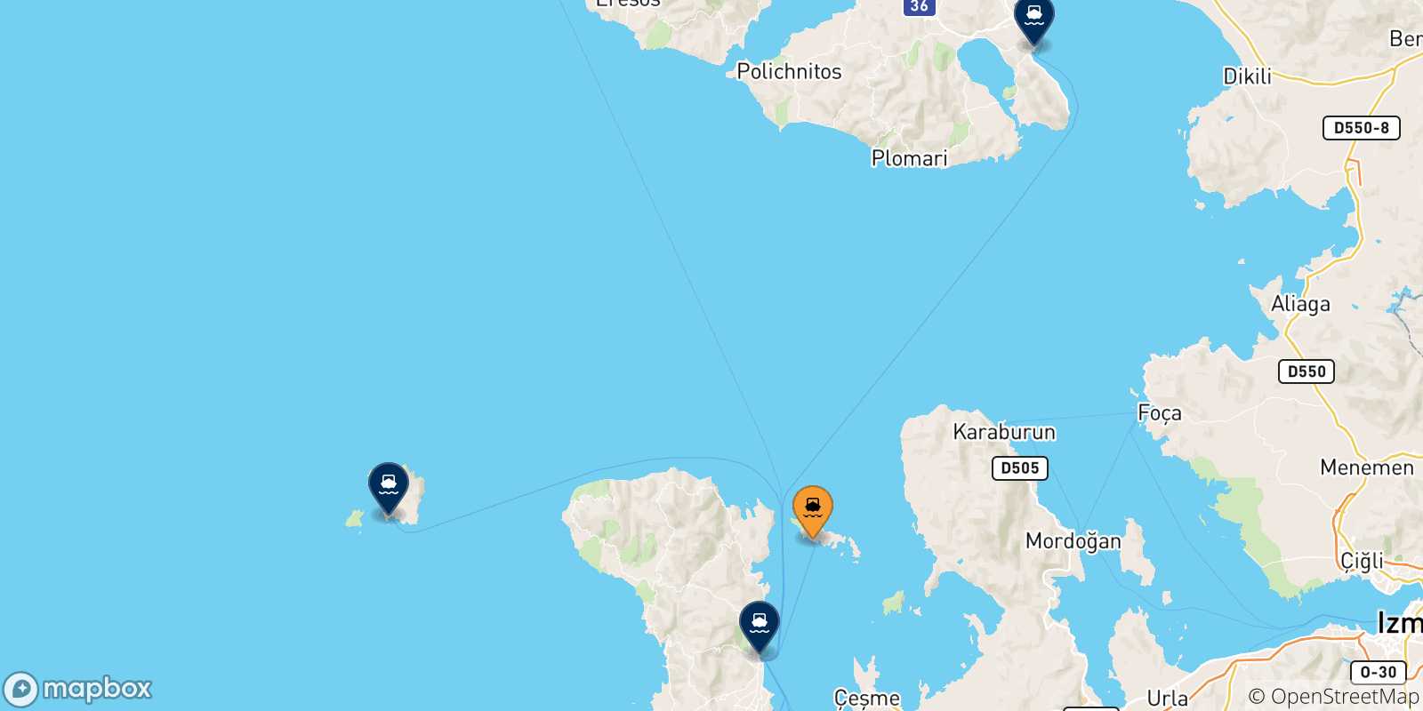 Carte des traversées possibles entre Inousses et les Îles Égéennes