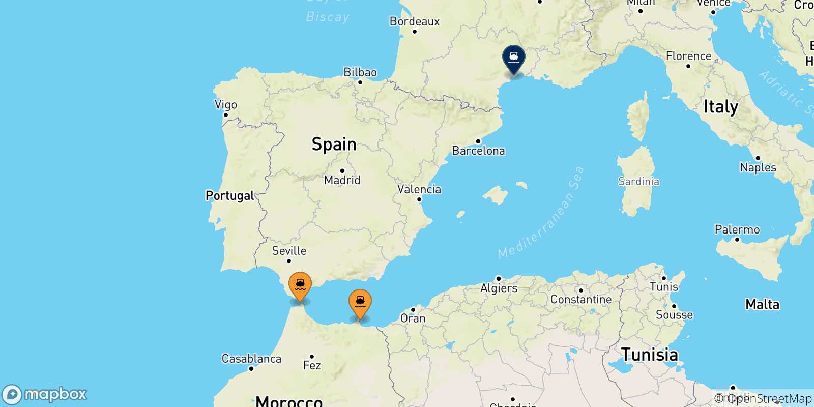 Carte des traversées possibles entre le Maroc et la France
