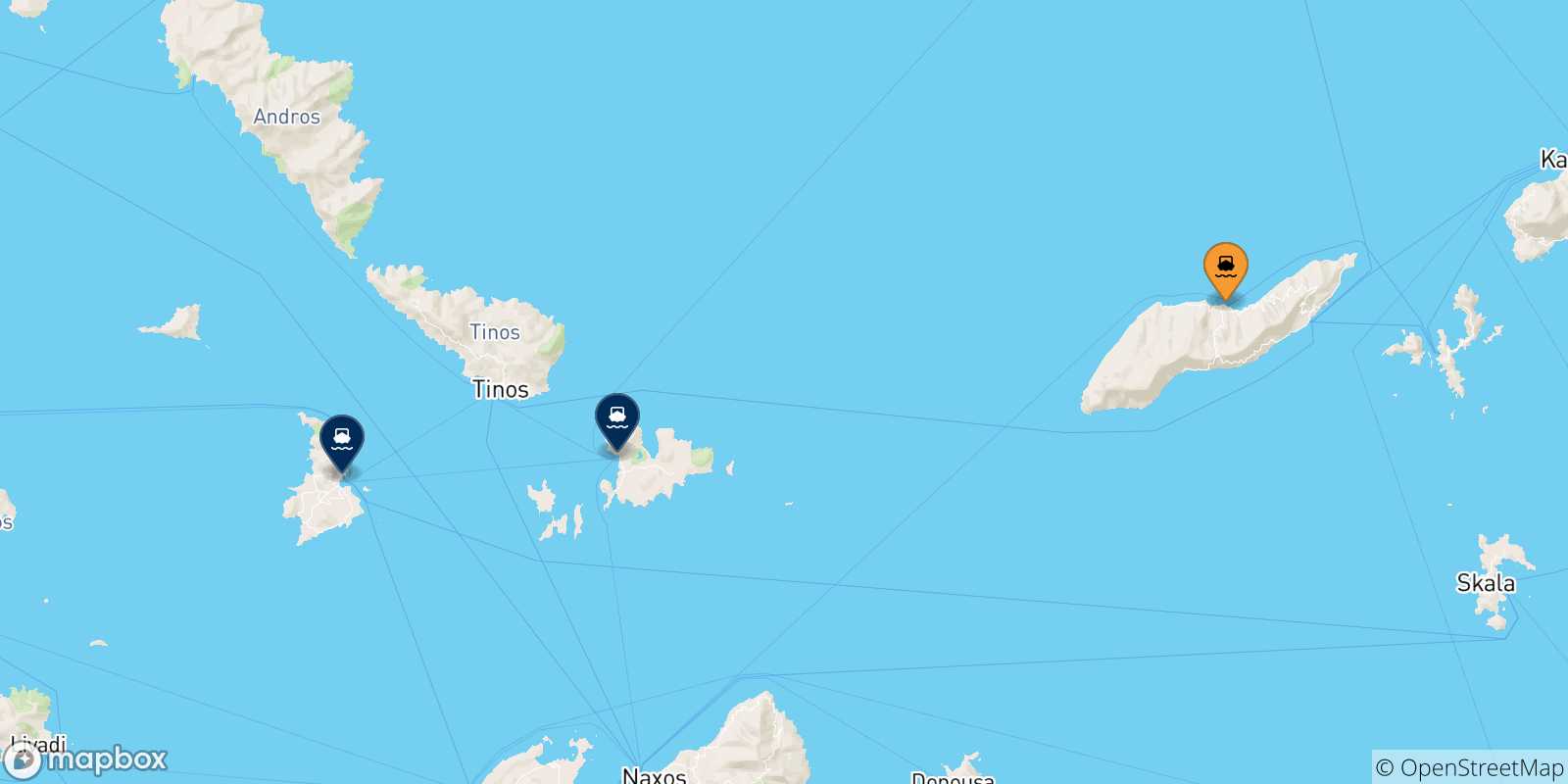 Carte des traversées possibles entre Evdilos (Ikaria) et Îles Des Cyclades