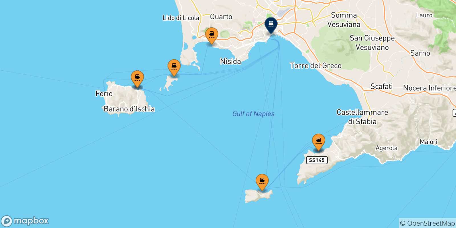 Carte des traversées possibles entre l'Italie et Naples Beverello