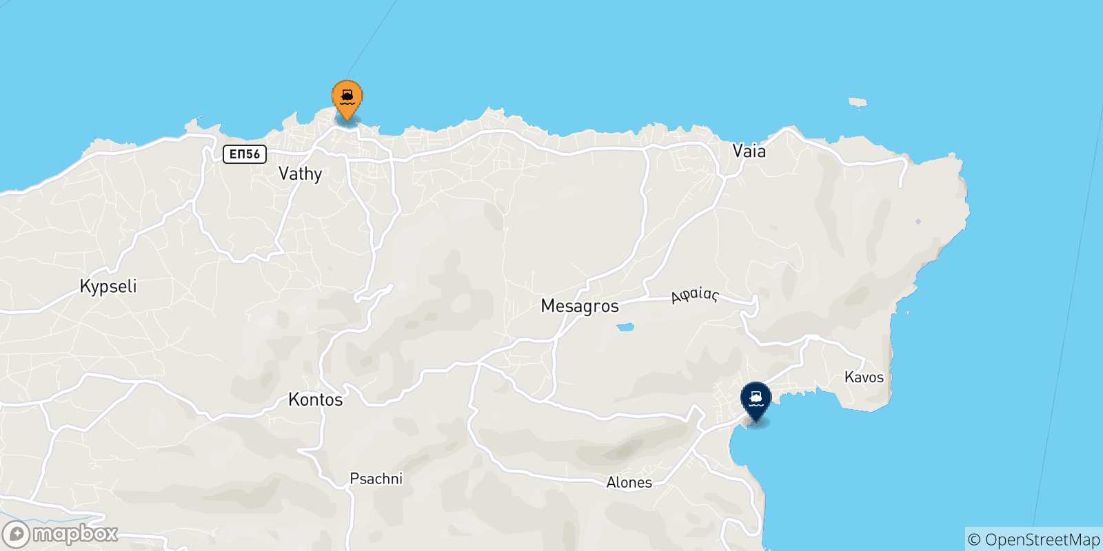 Carte des traversées possibles entre Souvala (Aegina) et les Îles Saroniques