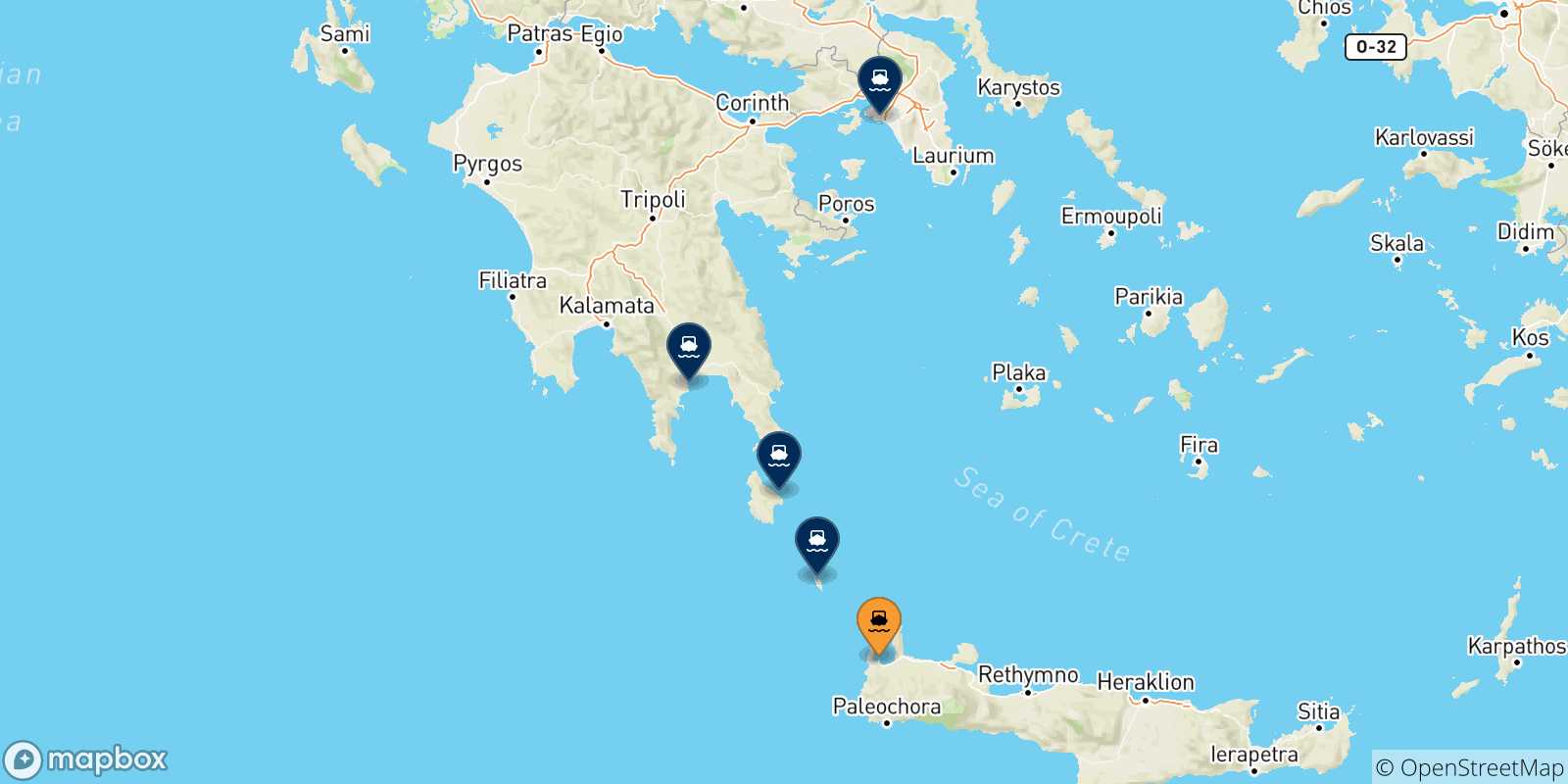 Carte des traversées possibles entre Kissamos et la Grèce