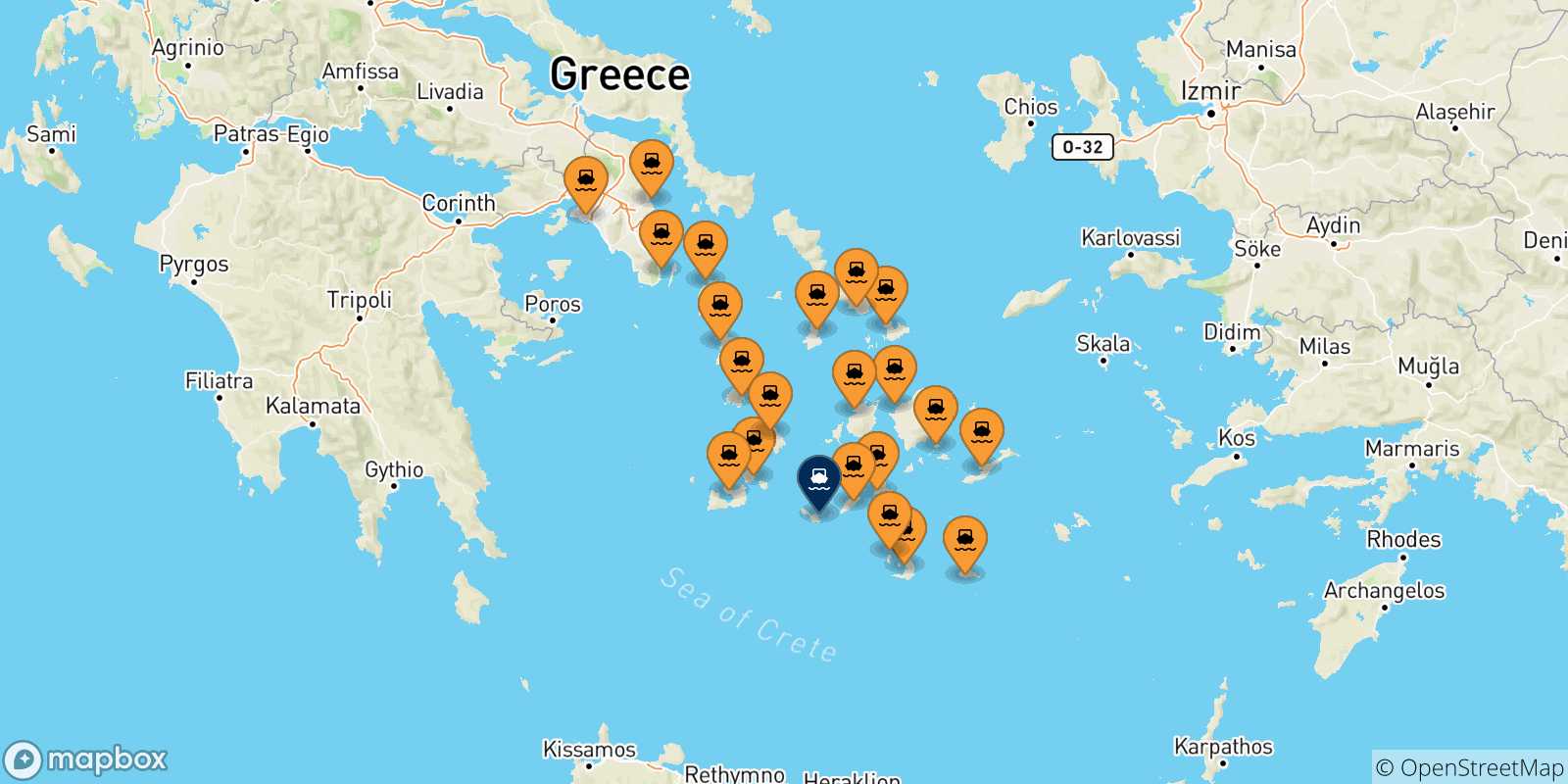 Carte des traversées possibles entre la Grèce et Folegandros