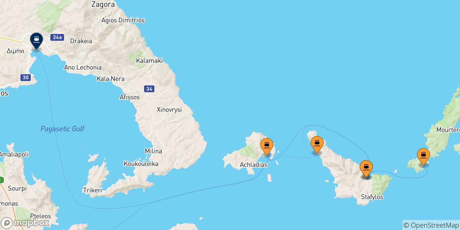 Carte des traversées possibles entre les Îles Sporades et Volos