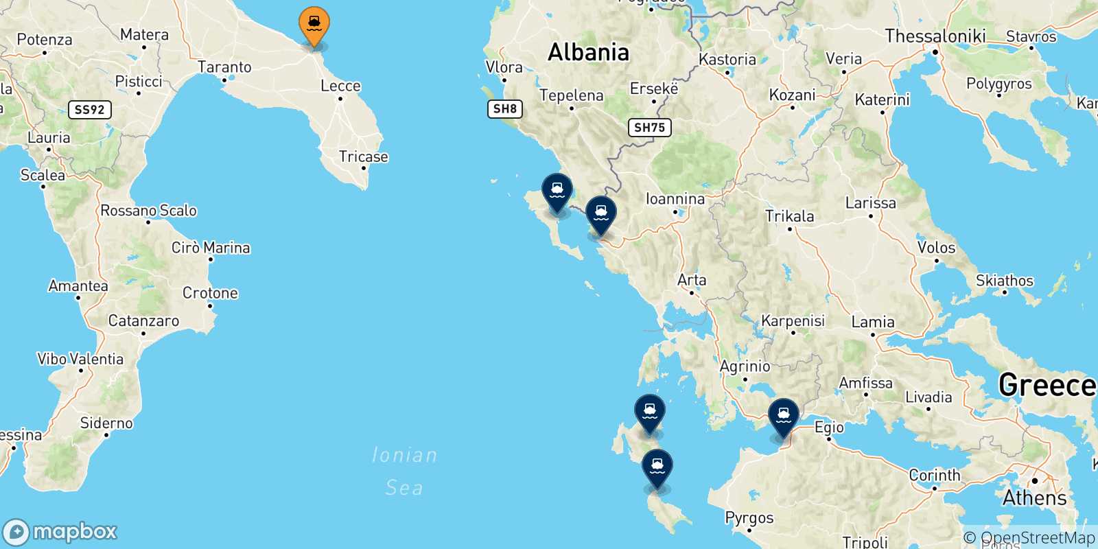 Carte des traversées possibles entre Brindisi et la Grèce