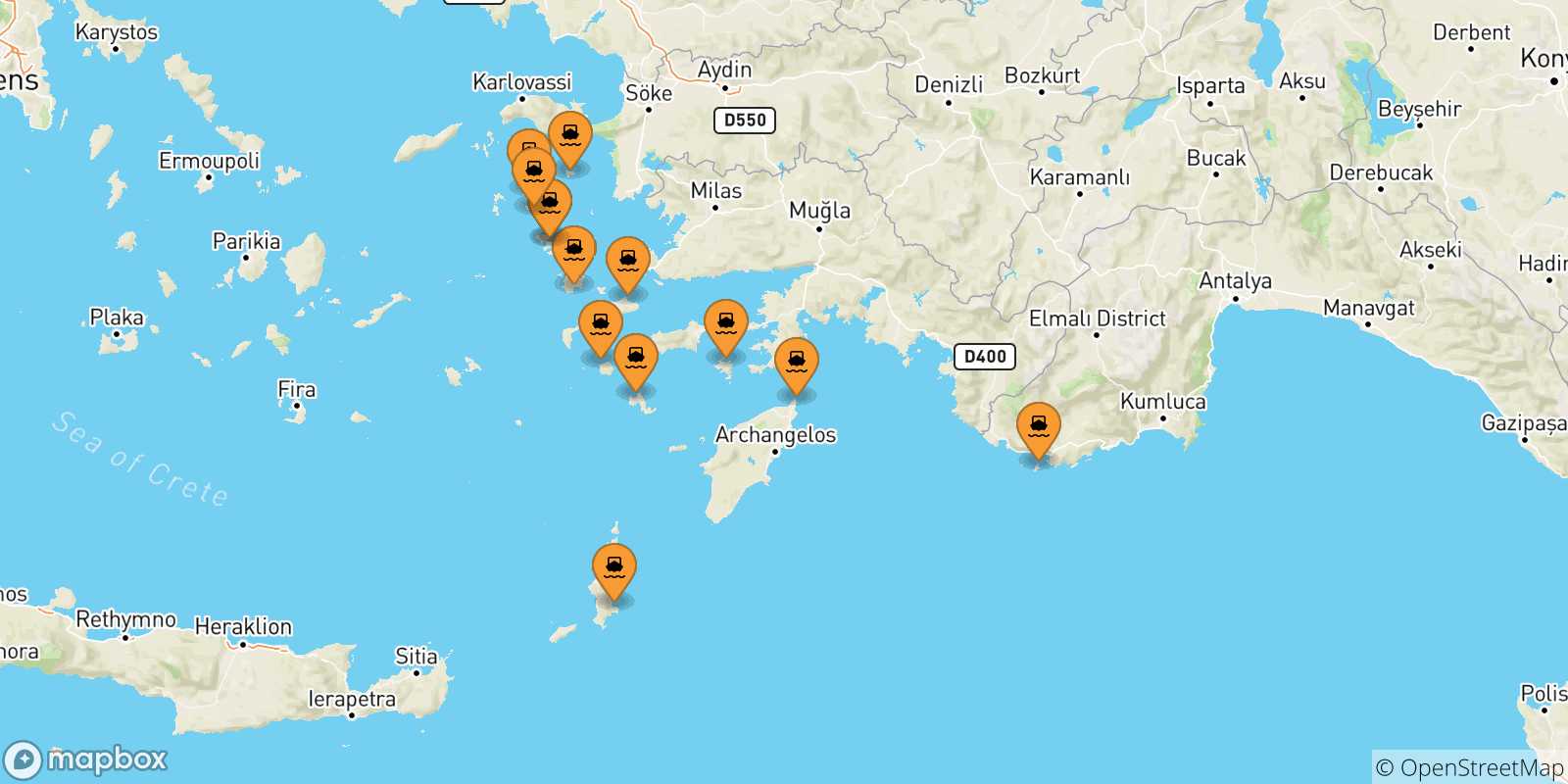 Carte des traversées possibles entre Îles Du Dodécanèse et Patmos