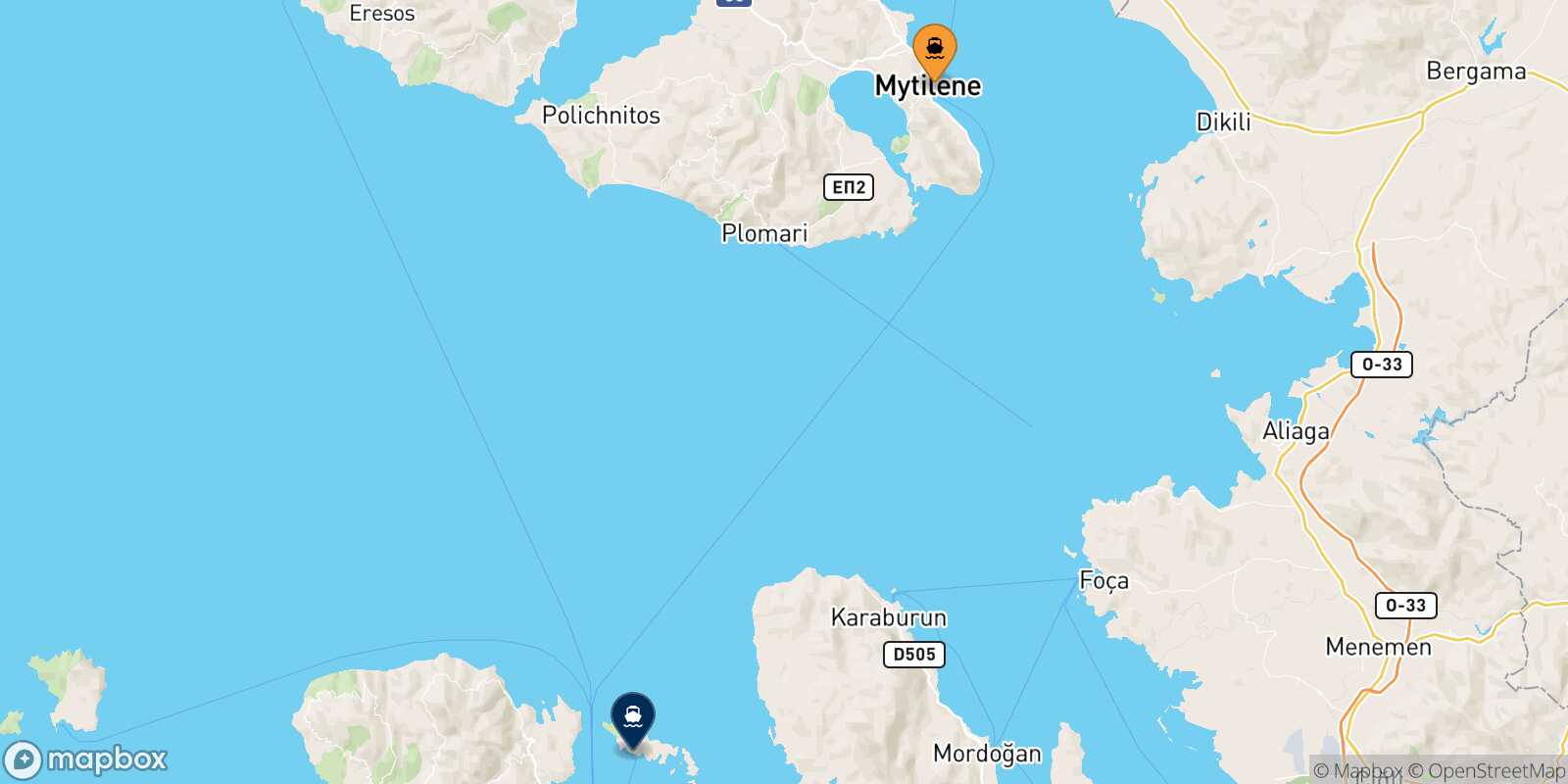 Carte des traverséesMytilene (Lesvos) Inousses