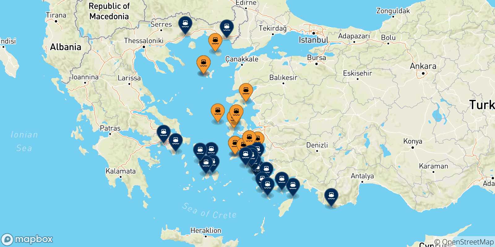 Carte des traversées possibles entre les Îles Égéennes et la Grèce