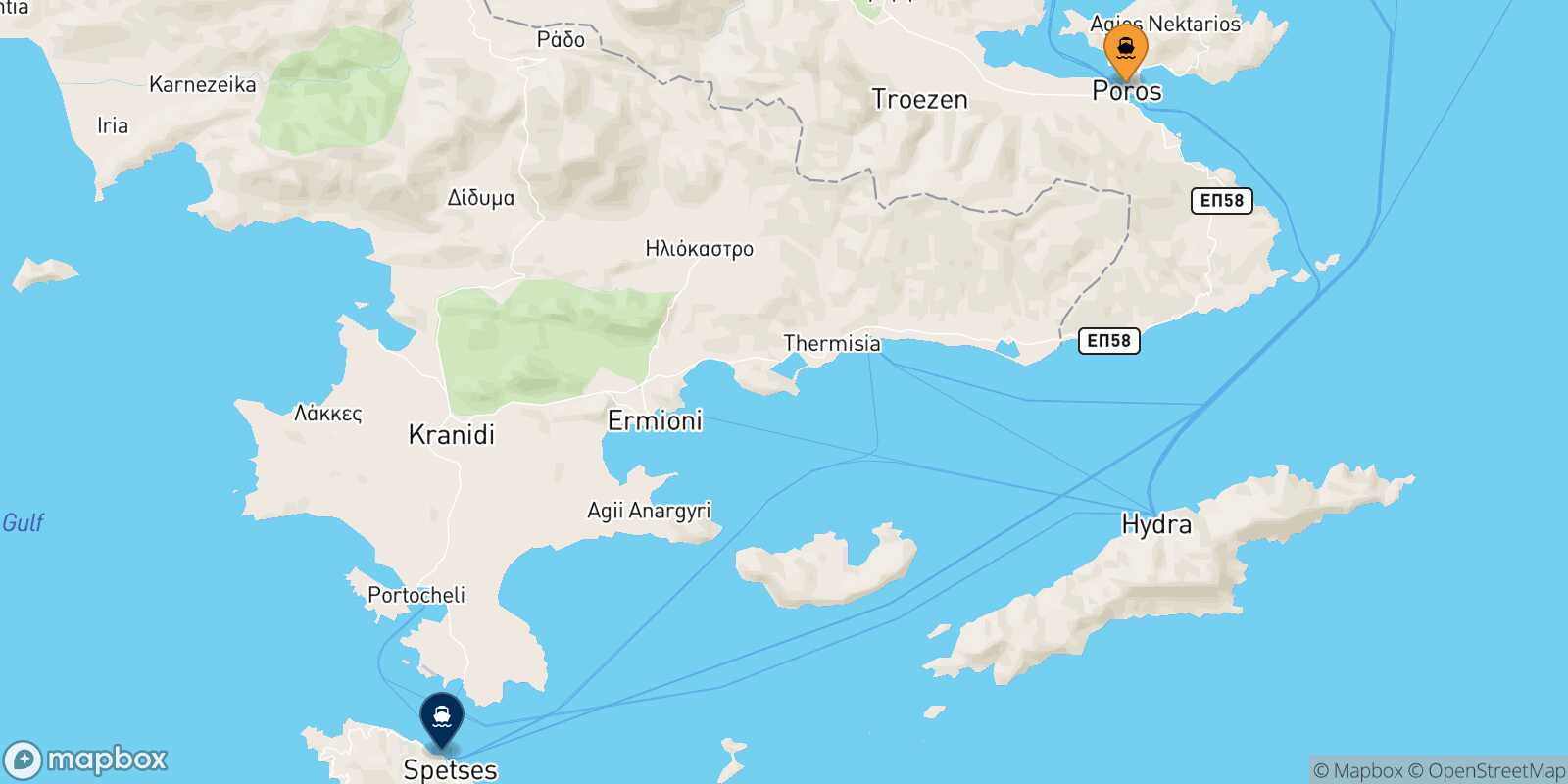 Carte des traverséesPoros Spetses