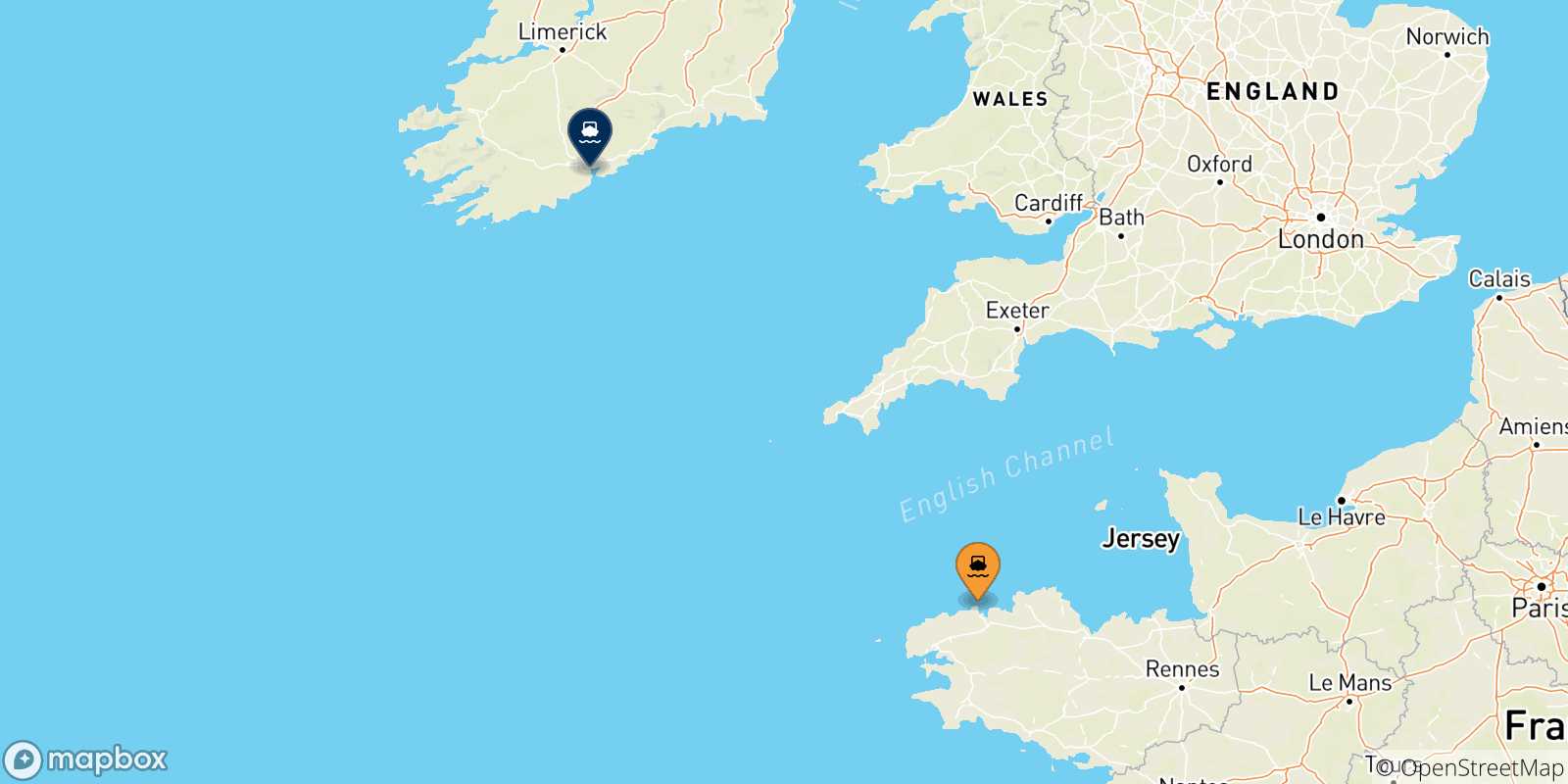 Carte des traversées possibles entre Roscoff et Irlande
