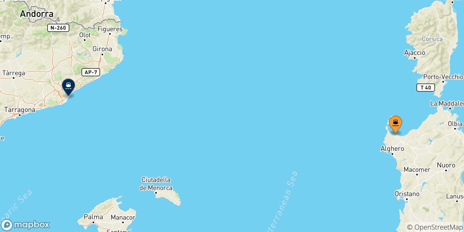 Carte des traversées possibles entre Porto Torres et l'Espagne