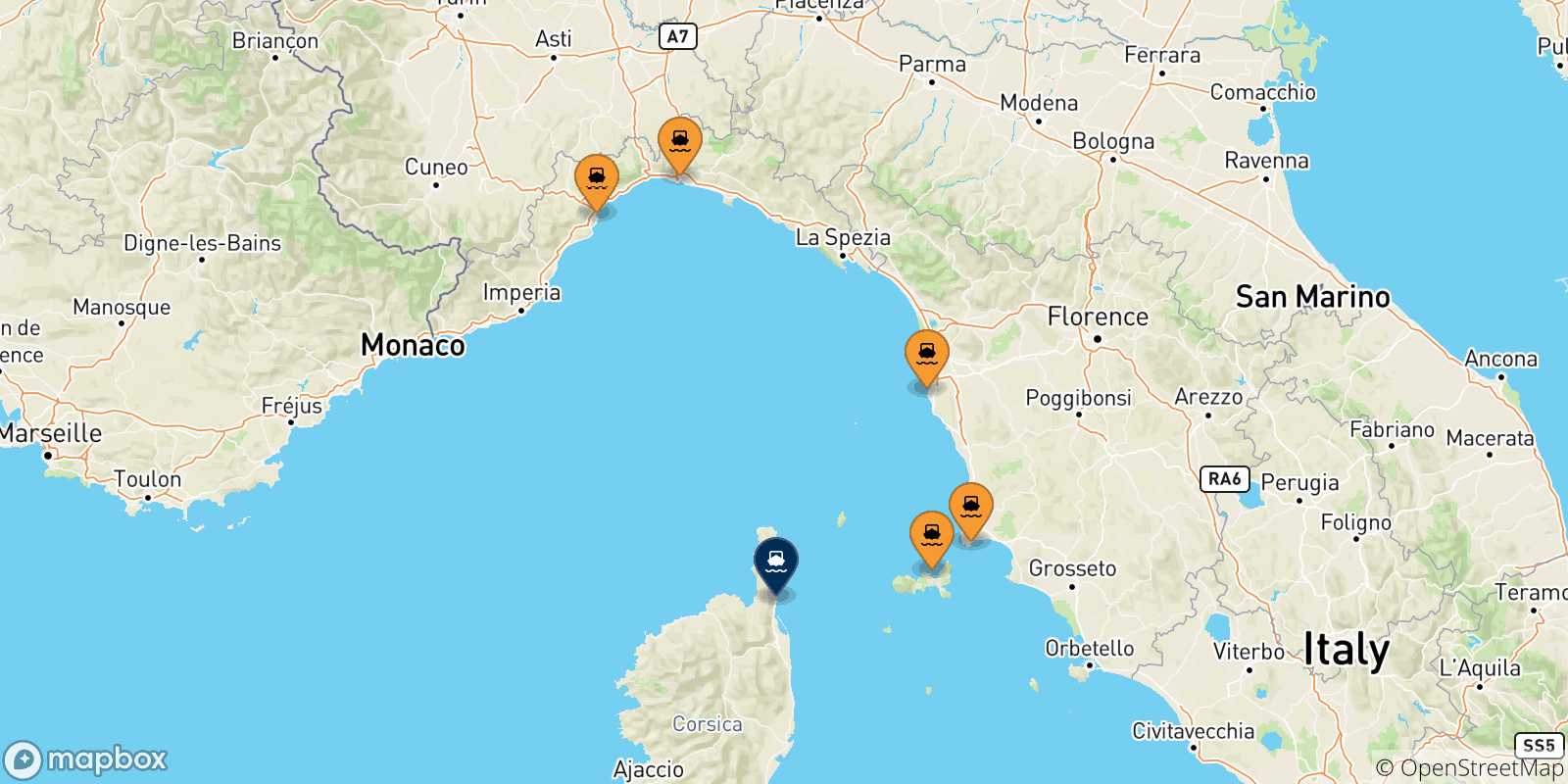 Carte des traversées possibles entre l'Italie et Bastia