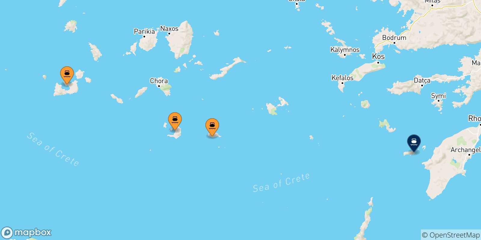Carte des traversées possibles entre Îles Des Cyclades et Chalki