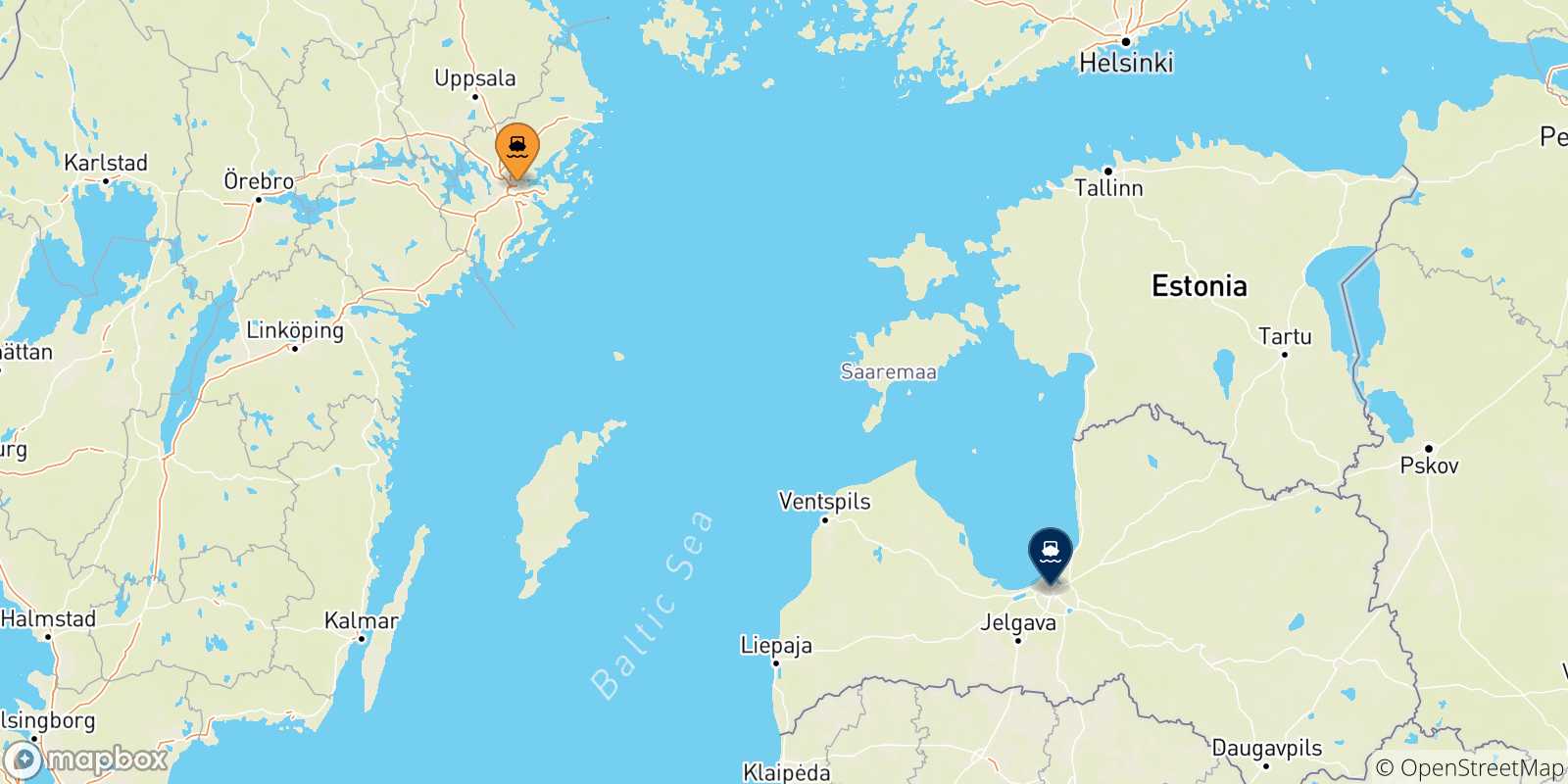 Carte des traversées possibles entre la Suède et Riga