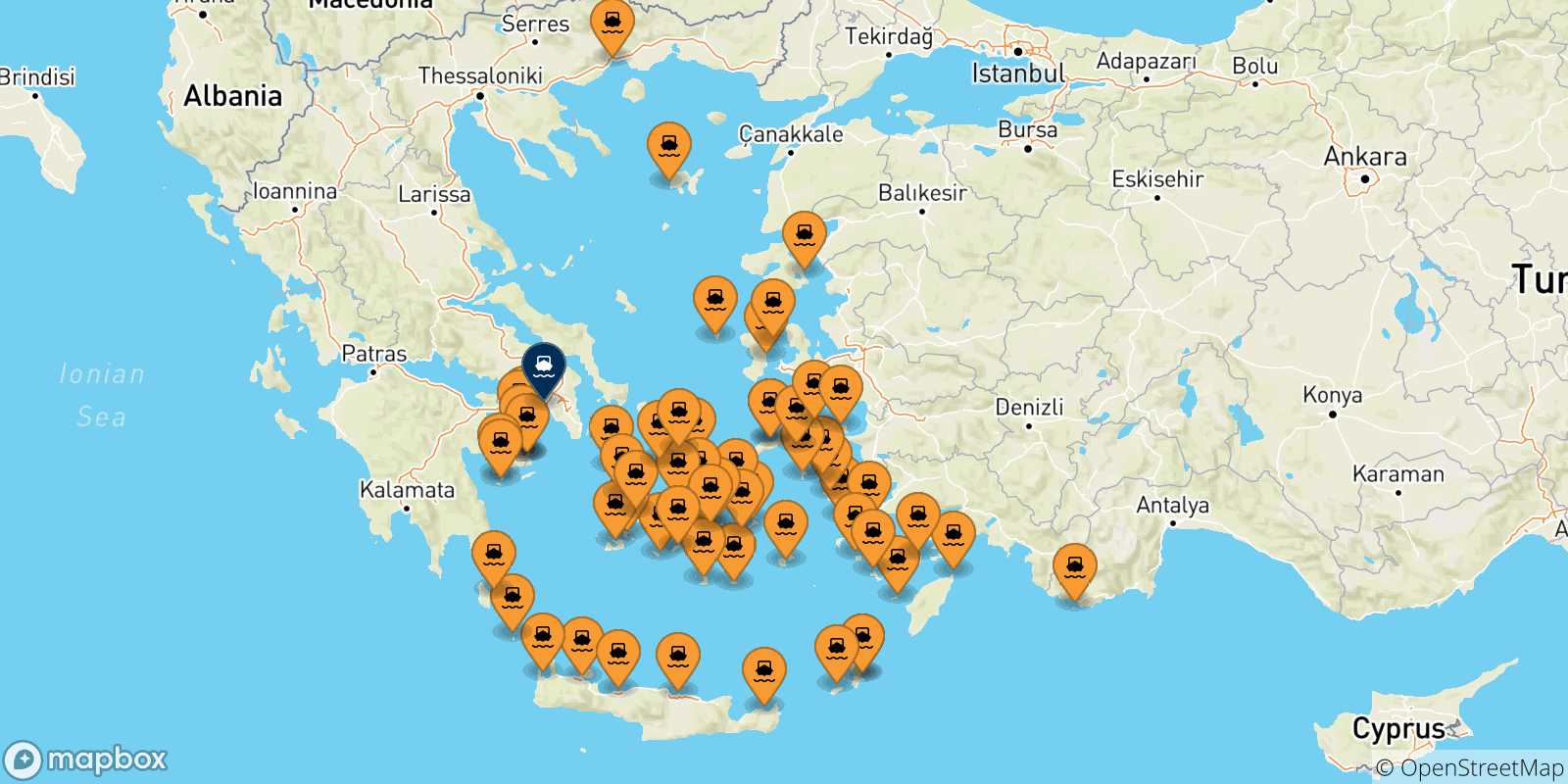 Carte des traversées possibles entre la Grèce et Le Piree