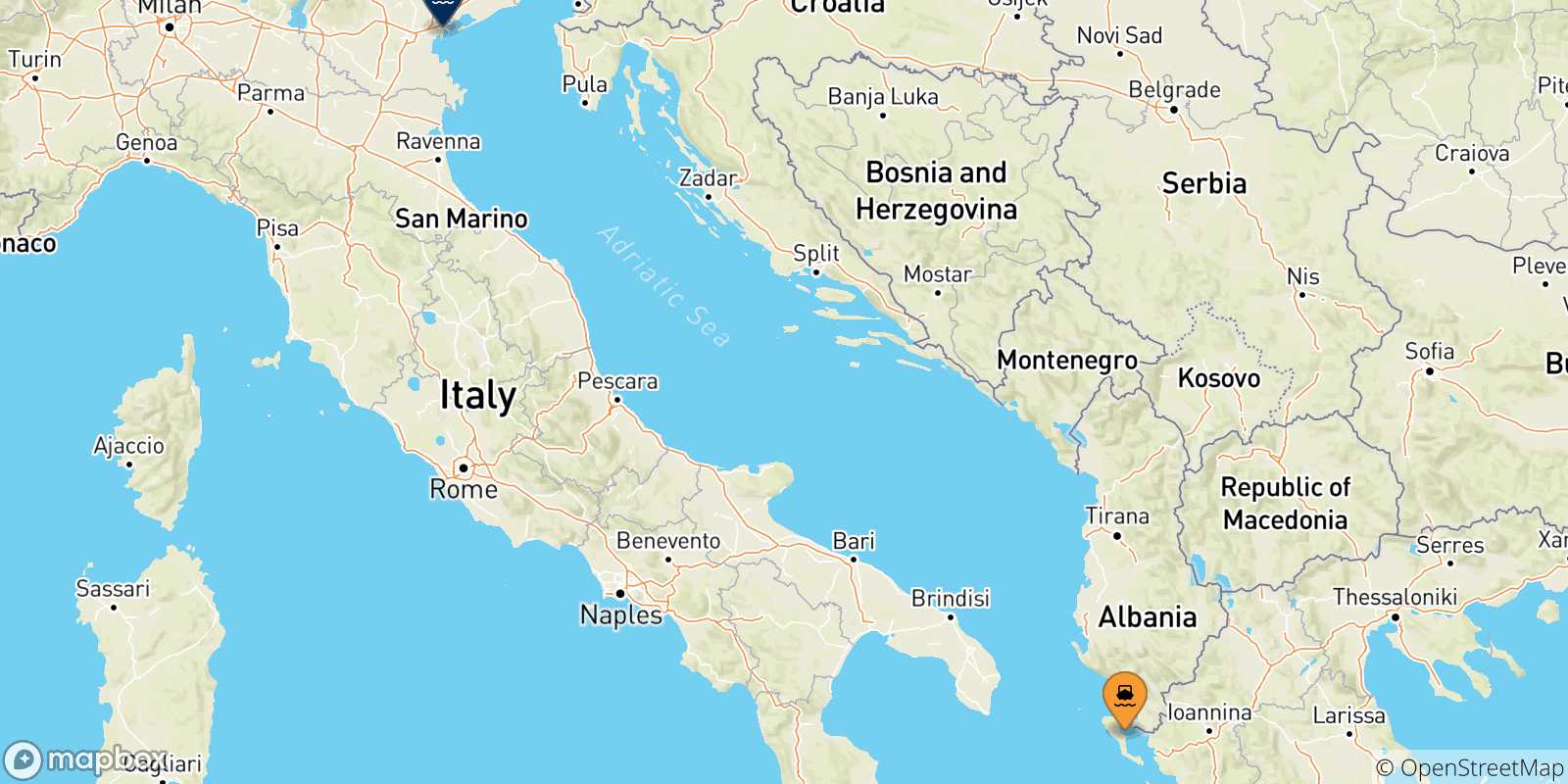 Carte des traversées possibles entre Îles Ioniennes et Venise