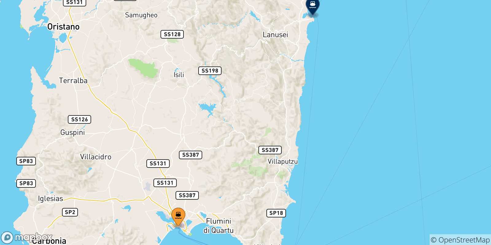 Carte des traversées possibles entre Cagliari et la Sardaigne