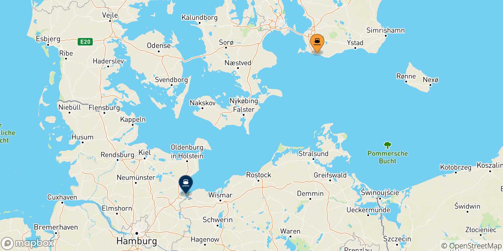 Carte des traversées possibles entre la Suède et l'Allemagne