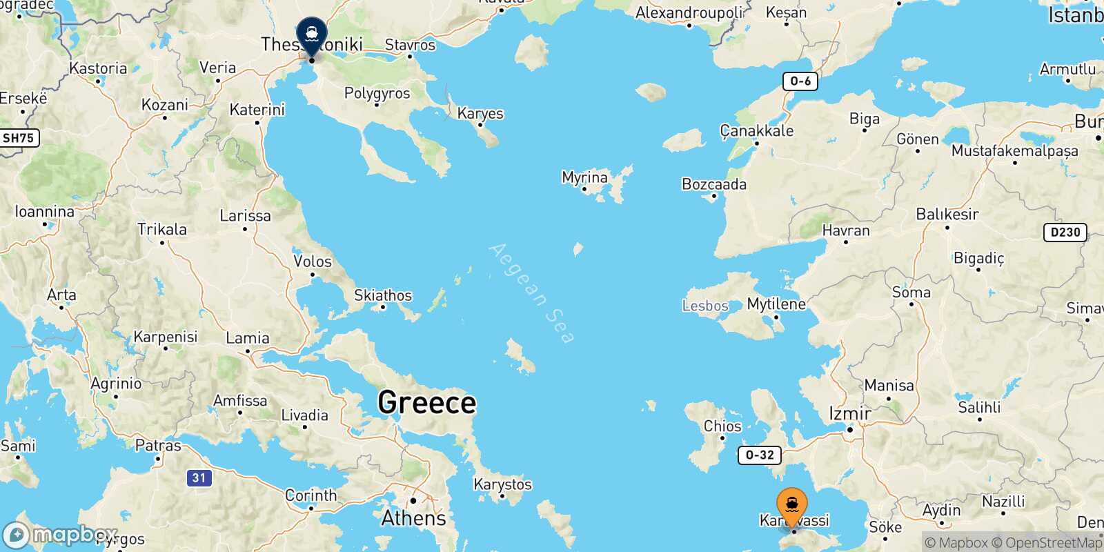 Carte des traverséesKarlovassi (Samos) Thessalonique