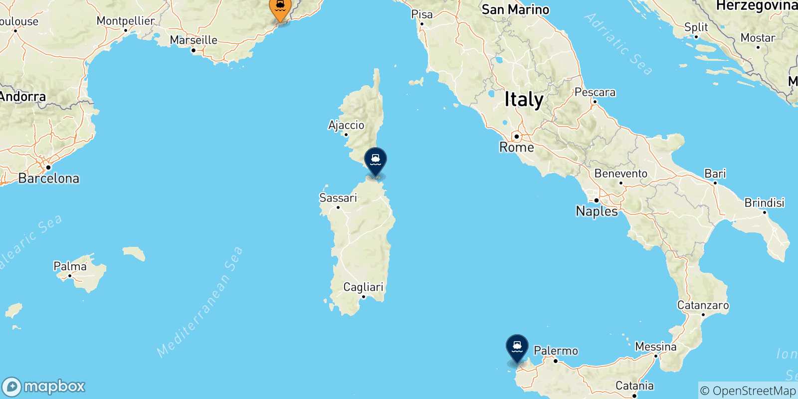 Carte des traversées possibles entre Nice et l'Italie