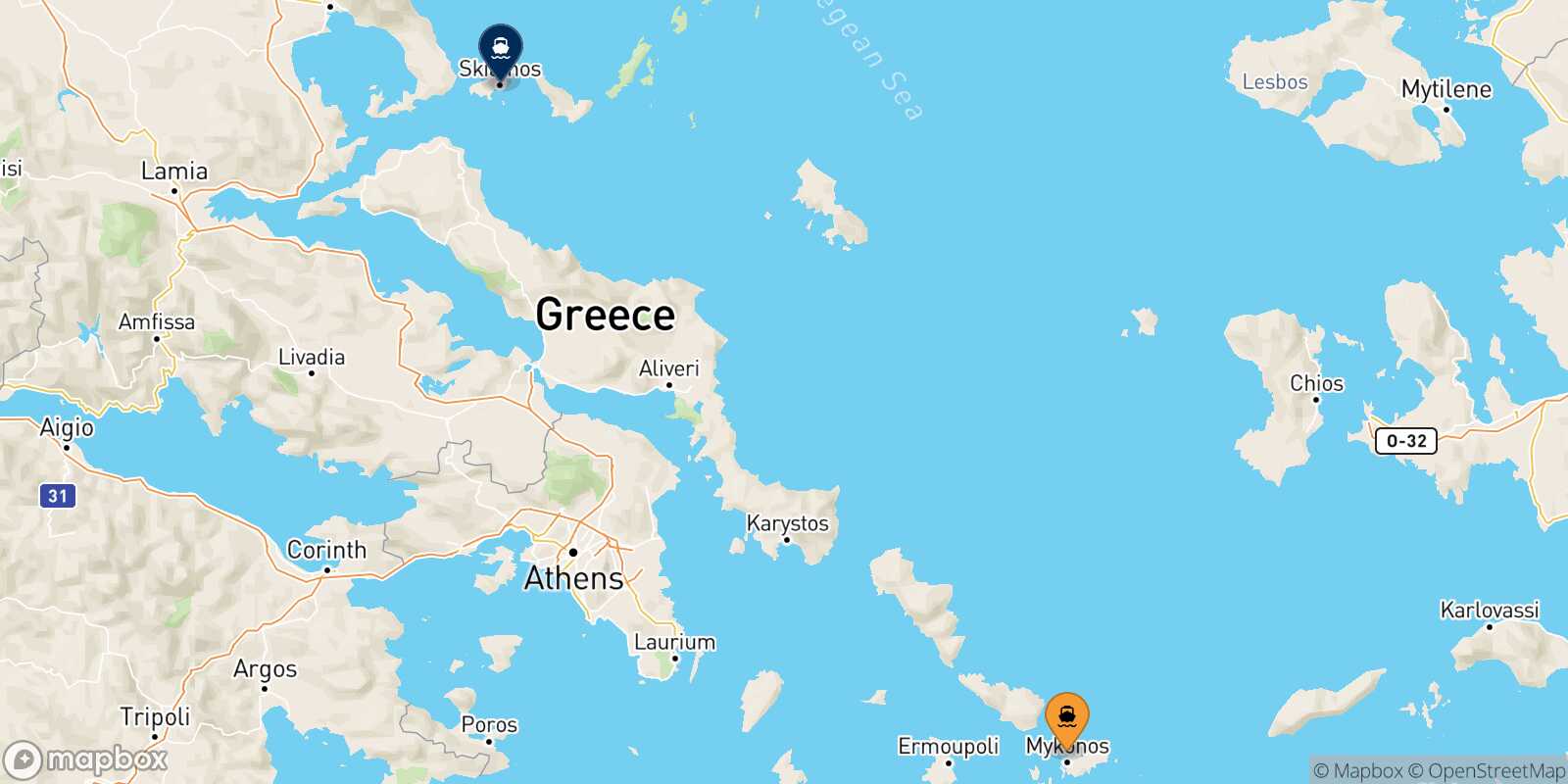Carte des destinations de Mykonos