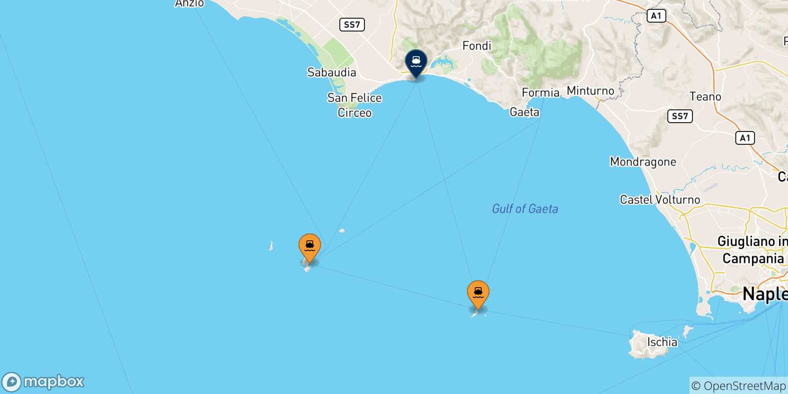 Carte des traversées possibles entre l'Italie et Terracina