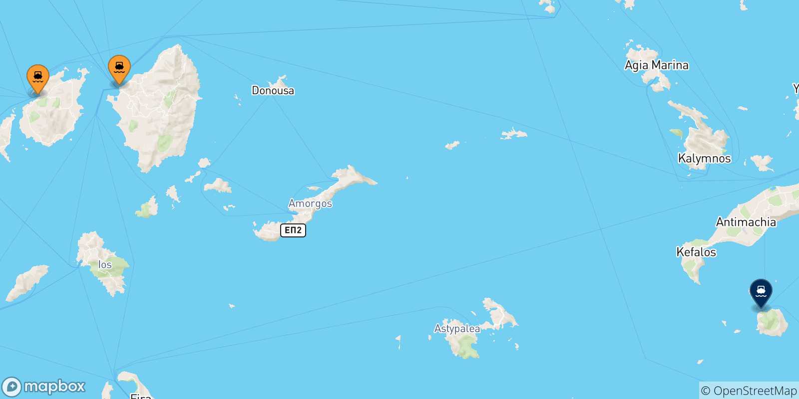 Carte des traversées possibles entre Îles Des Cyclades et Nisyros