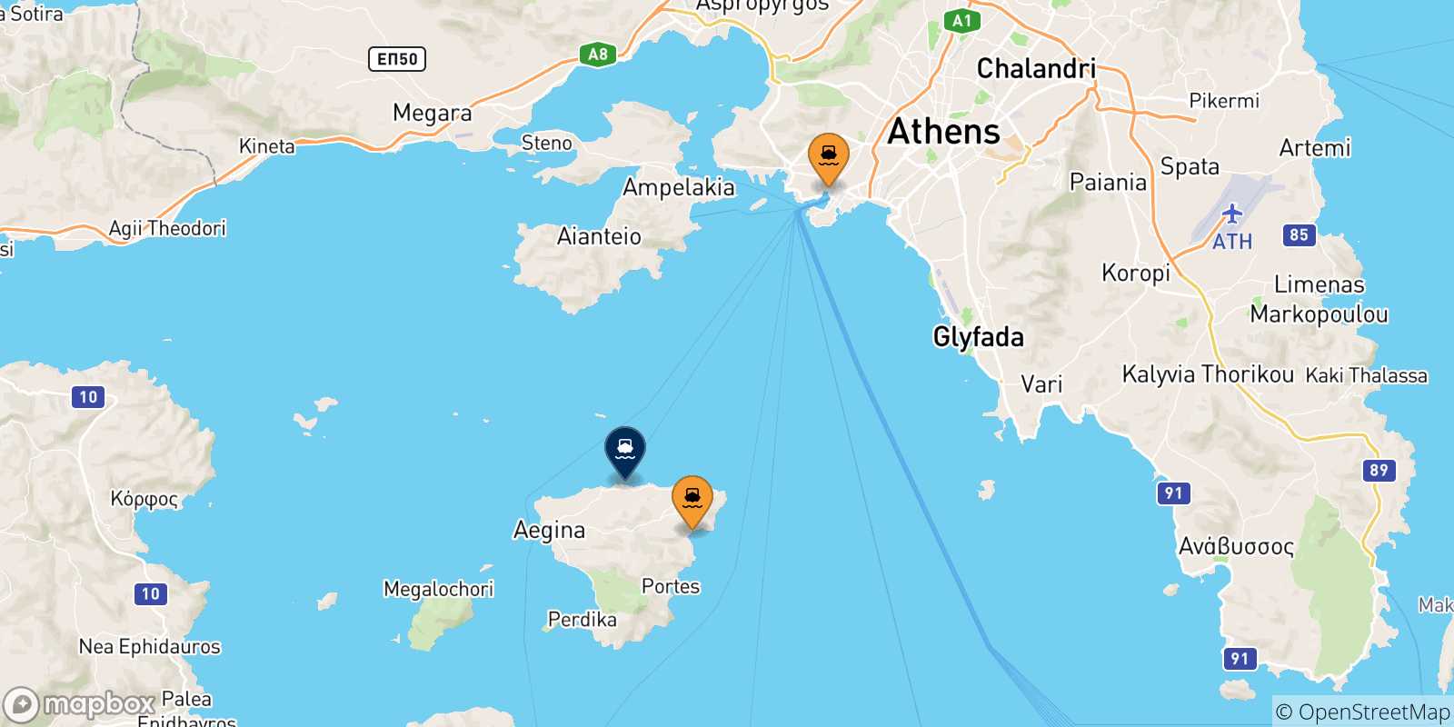 Carte des traversées possibles entre la Grèce et Souvala (Aegina)