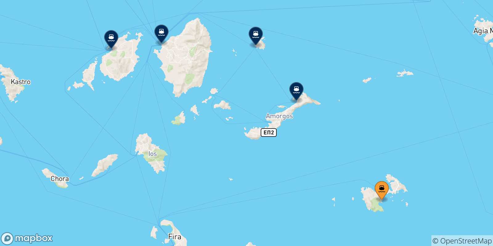 Carte des traversées possibles entre Astypalea et Îles Des Cyclades