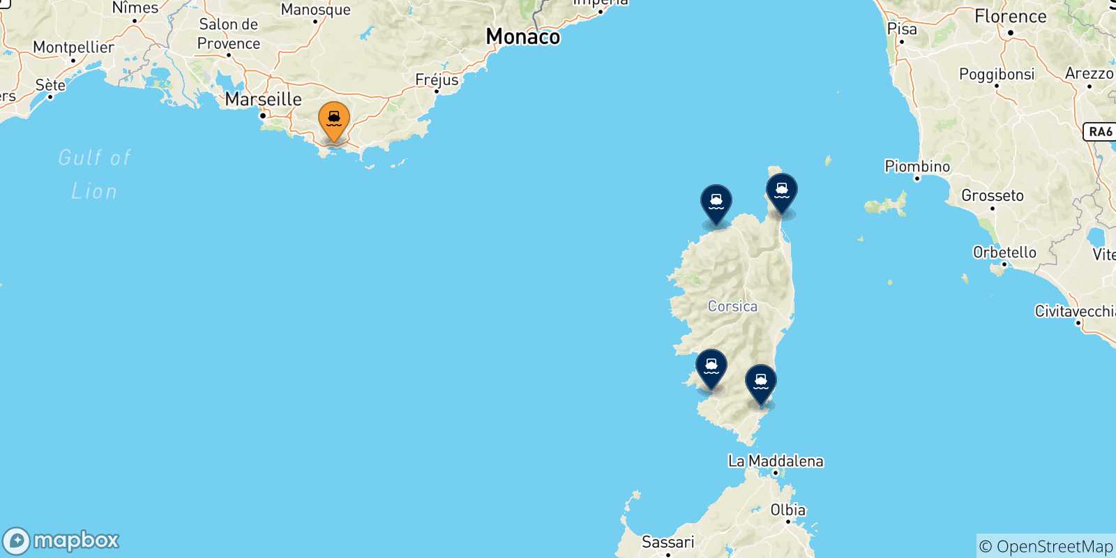 Carte des traversées possibles entre Toulon et la Corse