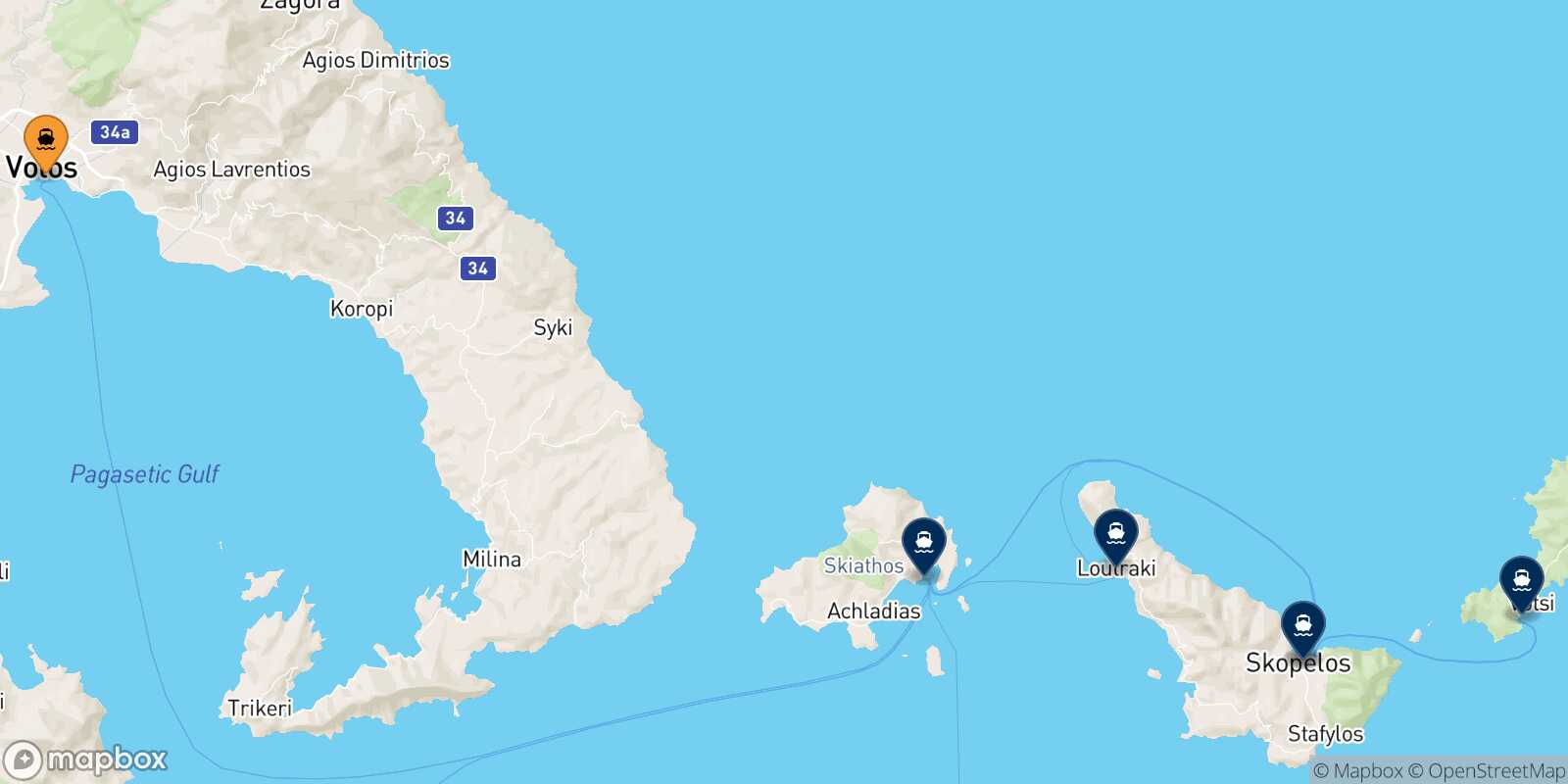 Carte des destinations de Volos