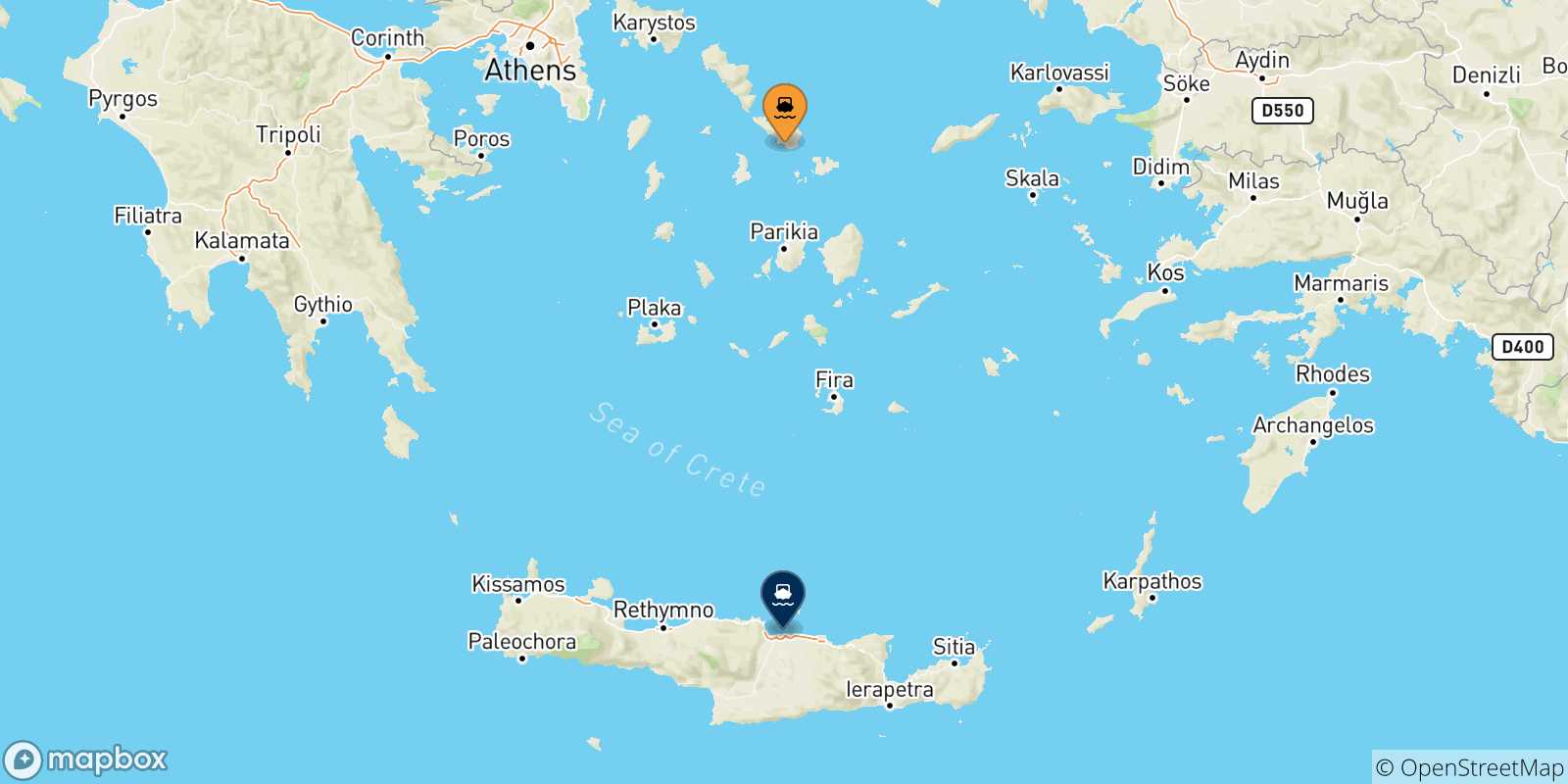 Carte des traversées possibles entre Tinos et la Crète