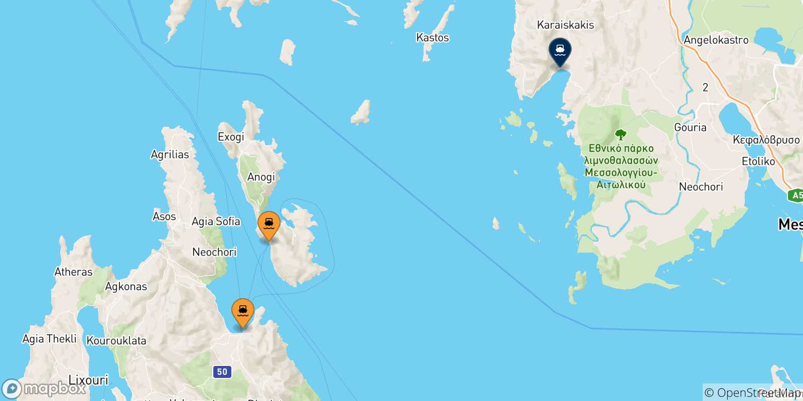 Carte des traversées possibles entre la Grèce et Astakos