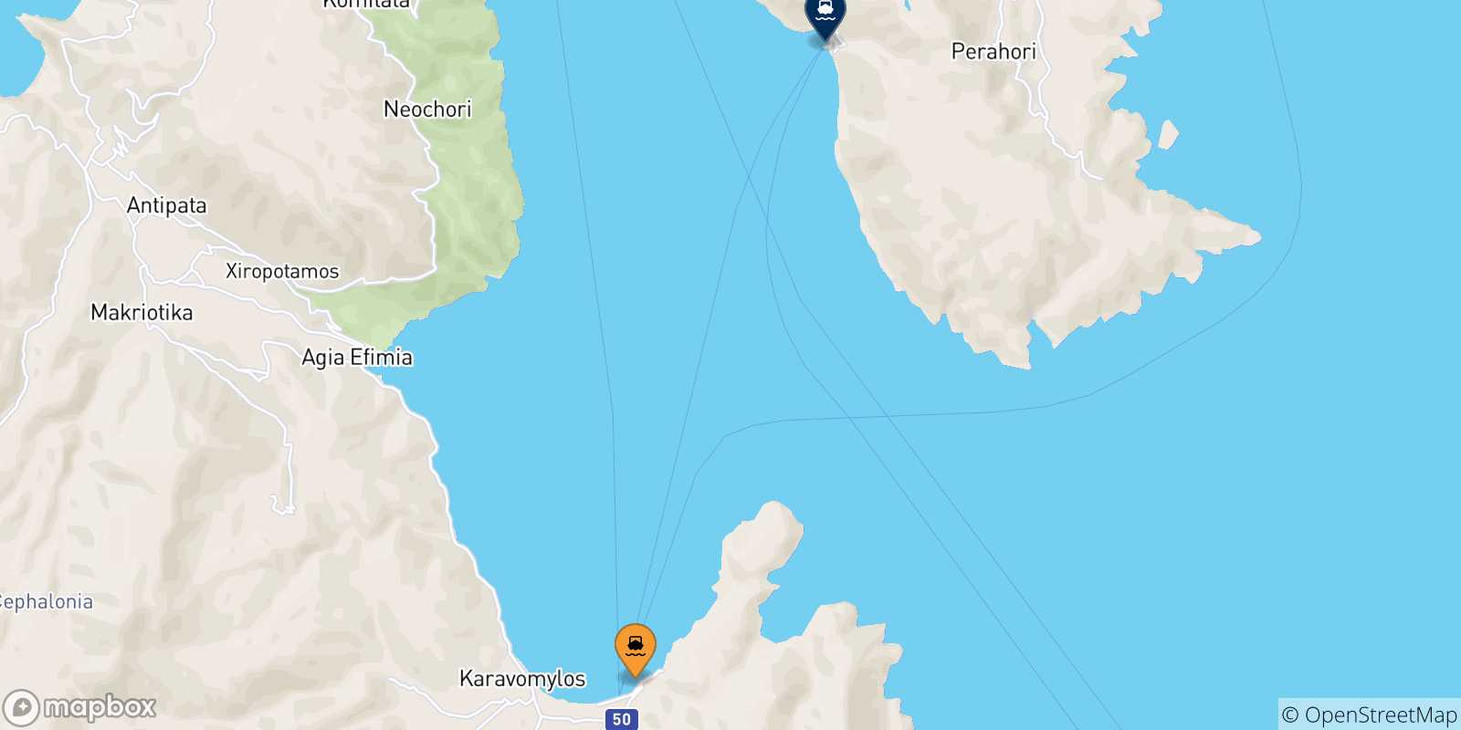 Carte des traversées possibles entre Sami (Céphalonie) et Îles Ioniennes