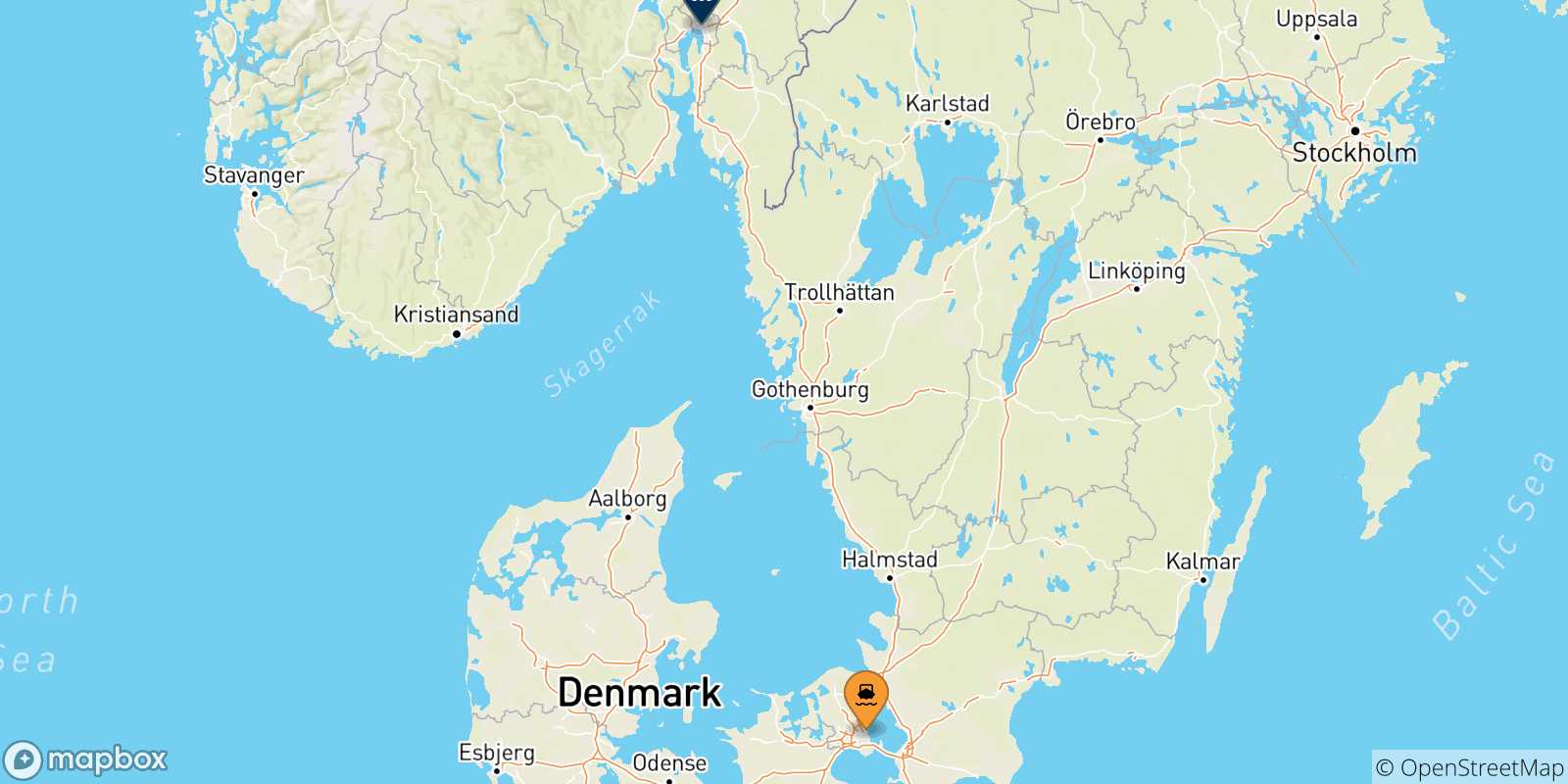 Carte des traversées possibles entre le Danemark et la Norvège