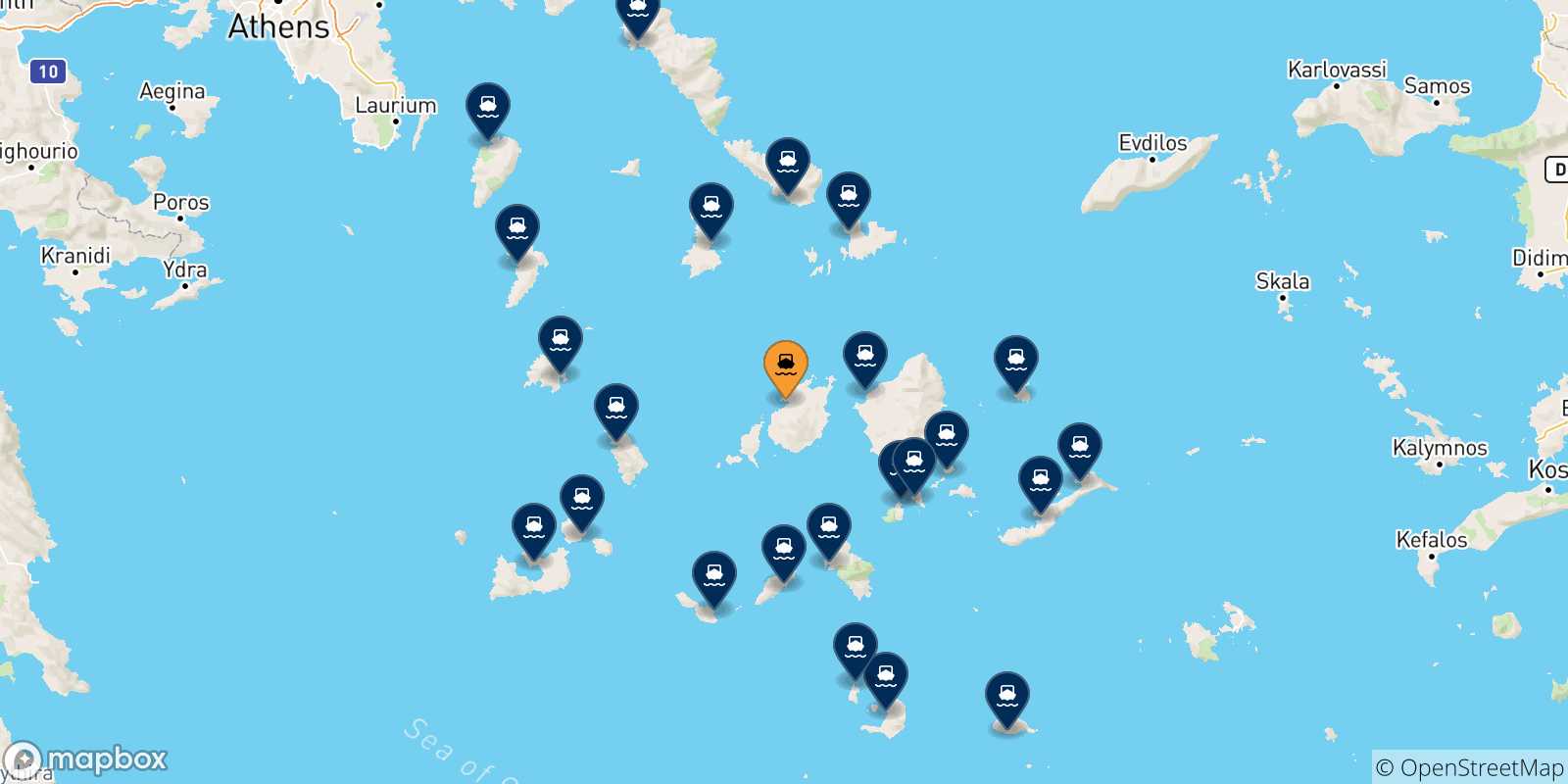 Carte des traversées possibles entre Paros et Îles Des Cyclades