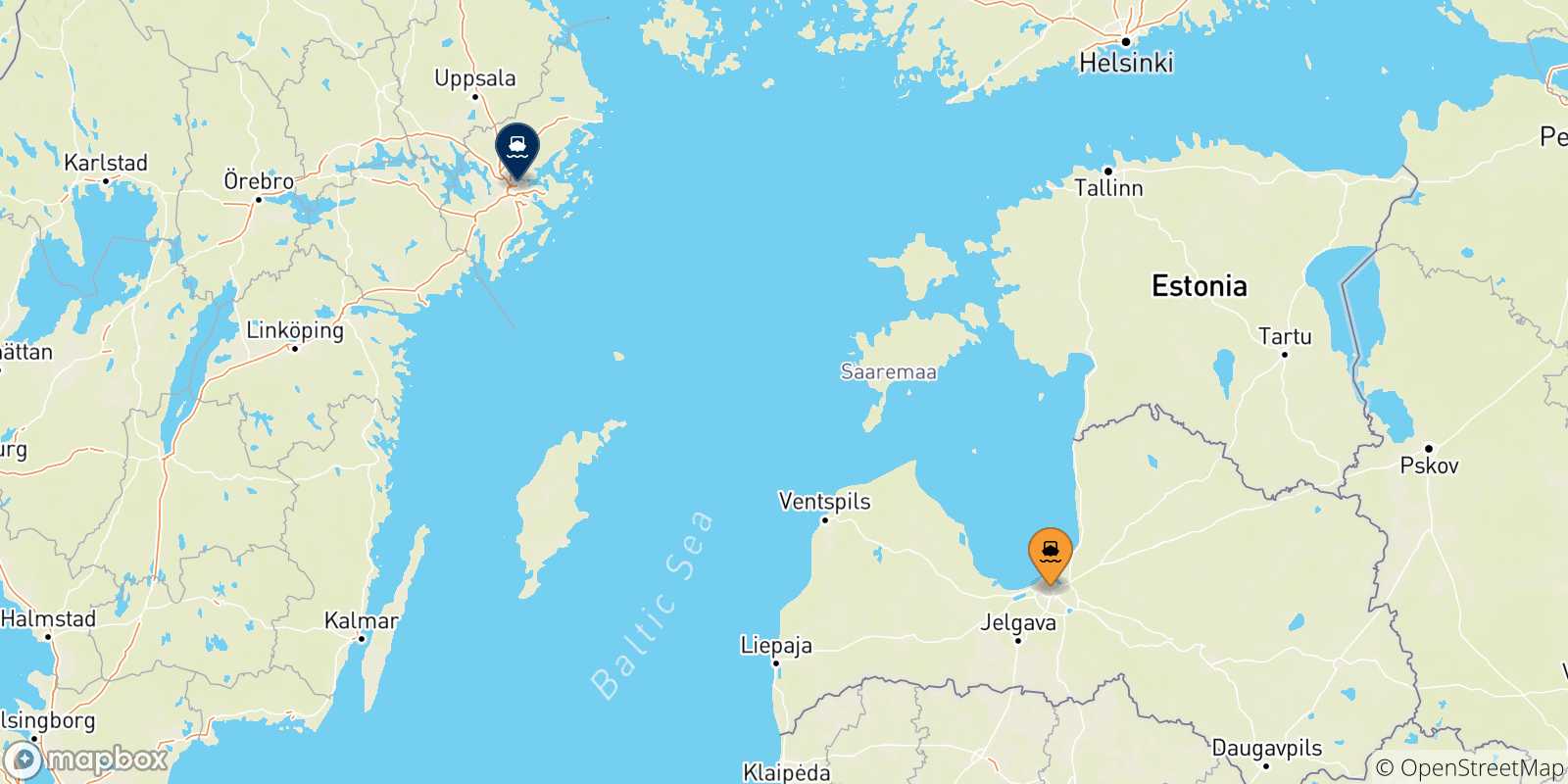 Carte des traversées possibles entre Lettonie et Stockholm