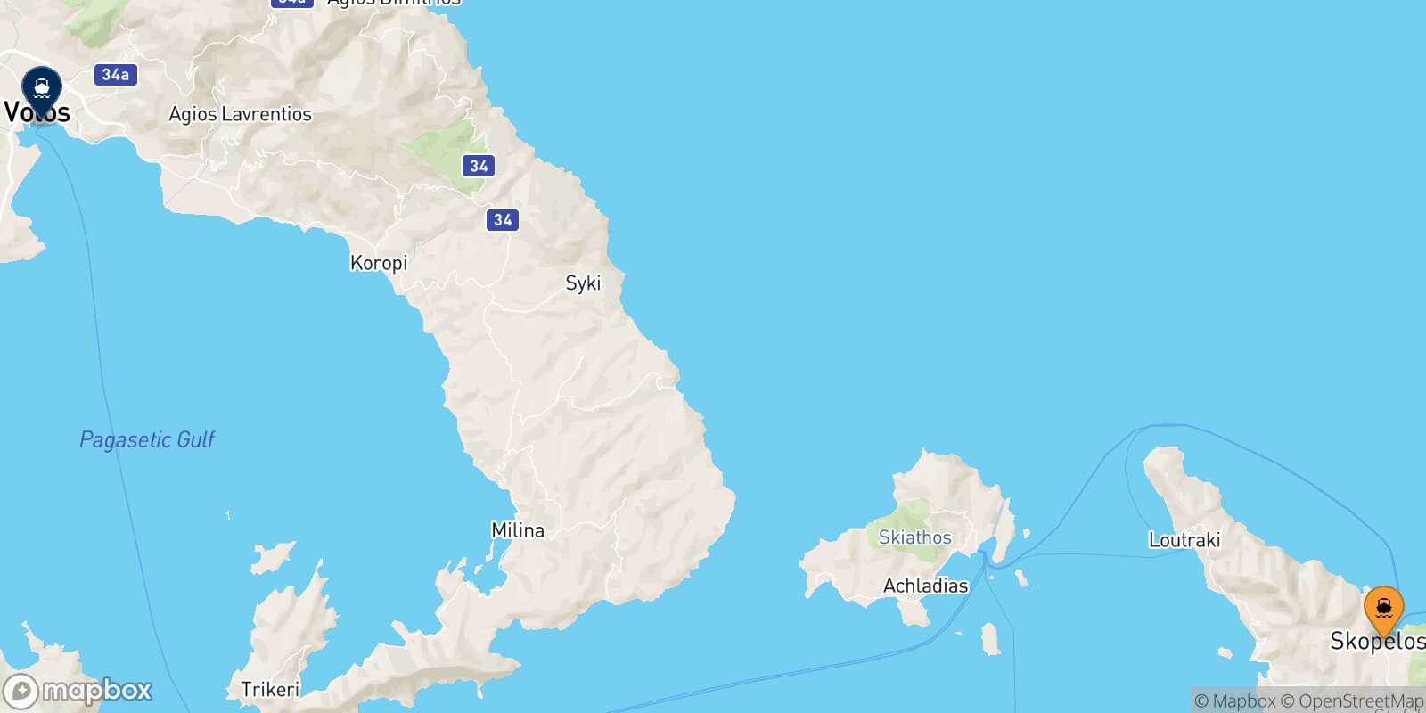 Carte des traverséesGlossa (Skopelos) Volos
