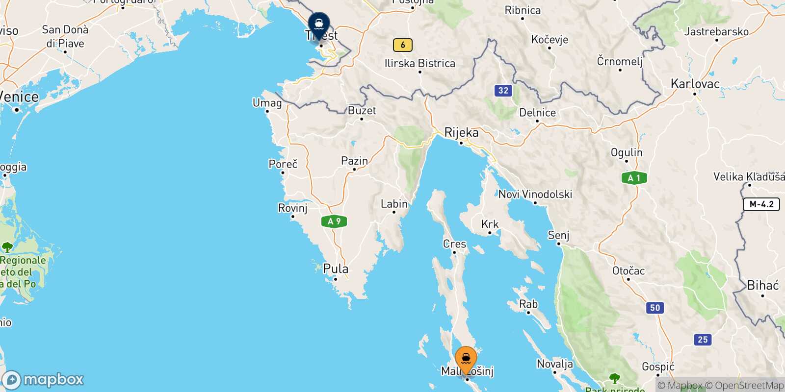 Carte des traverséesMali Losinj Trieste