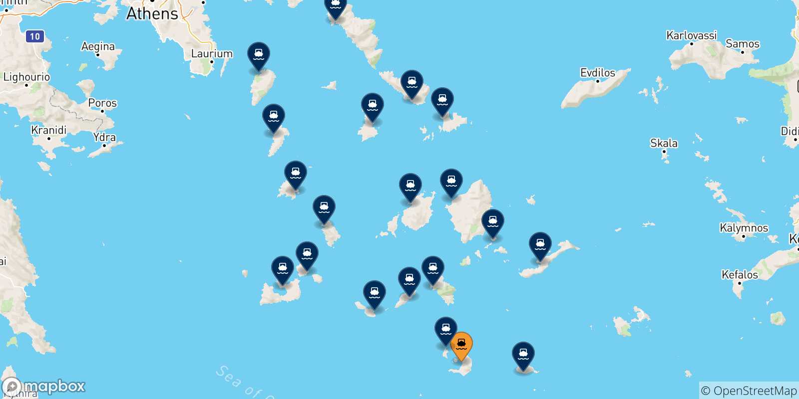 Carte des traversées possibles entre Thera (Santorin) et Îles Des Cyclades