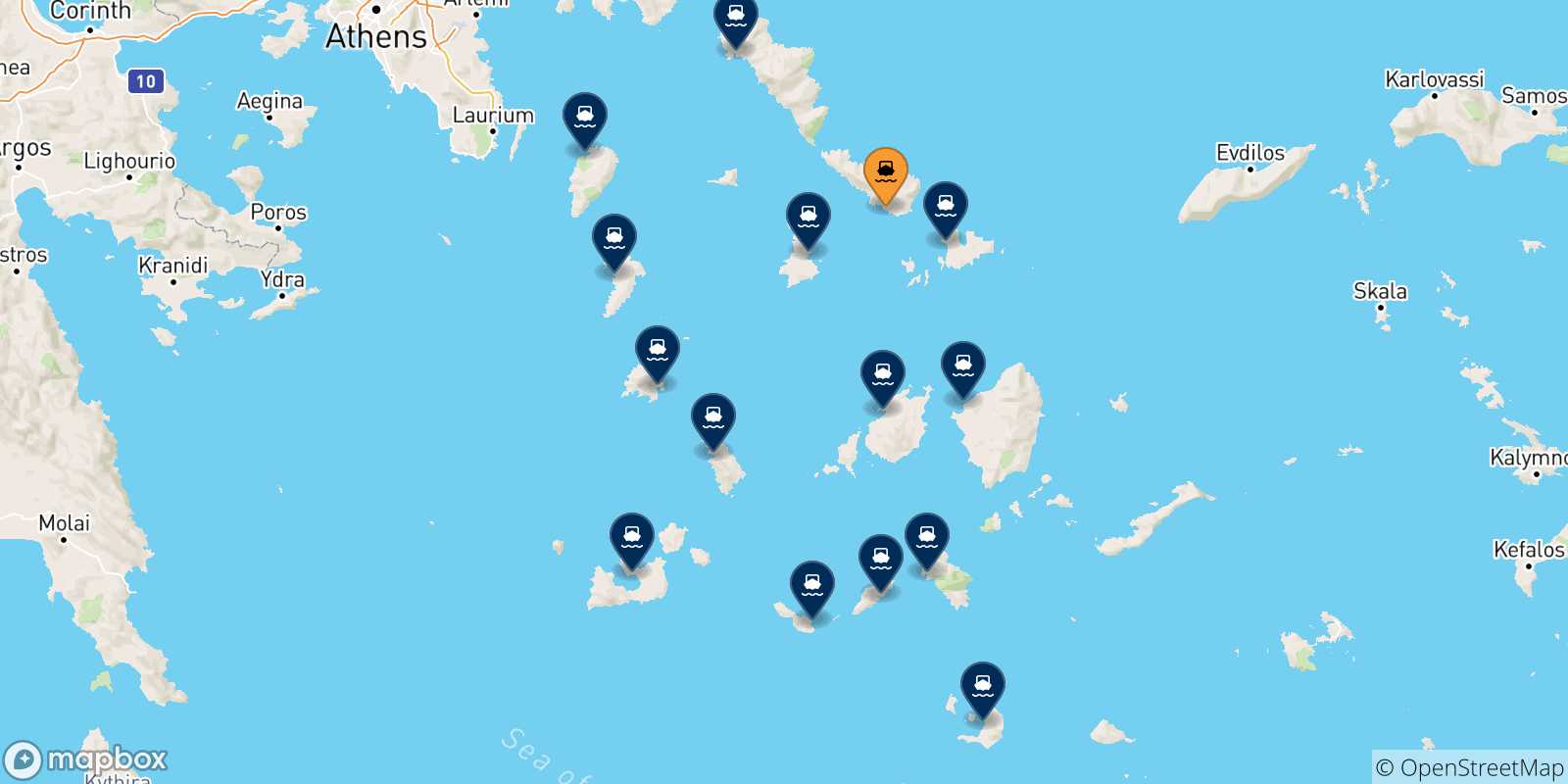 Carte des traversées possibles entre Tinos et Îles Des Cyclades