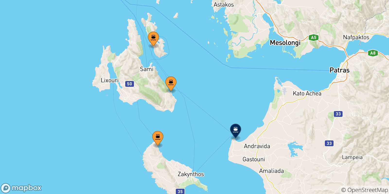 Carte des traversées possibles entre la Grèce et Kyllini