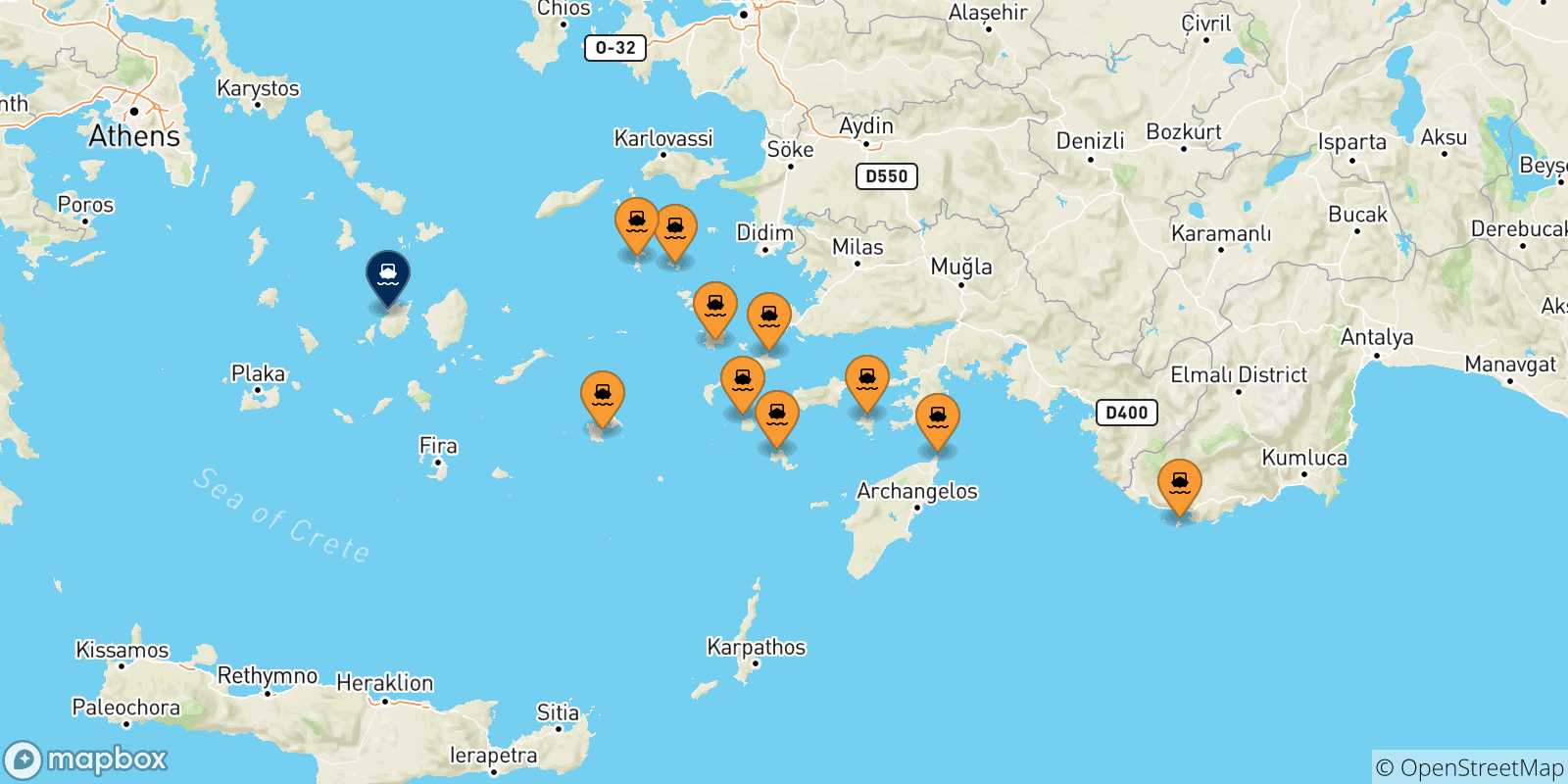 Carte des traversées possibles entre Îles Du Dodécanèse et Paros