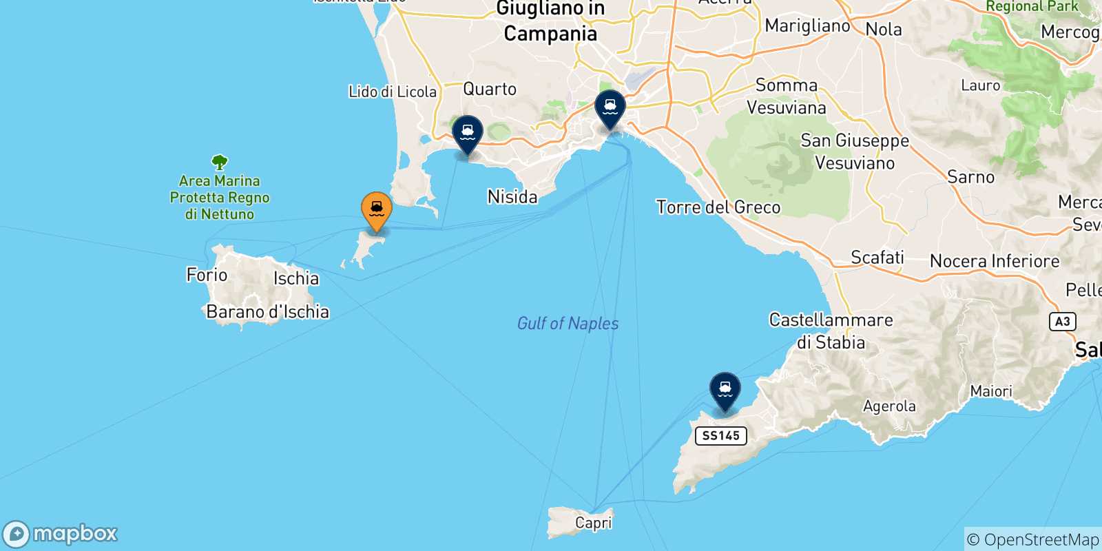 Carte des traversées possibles entre Procida et l'Italie